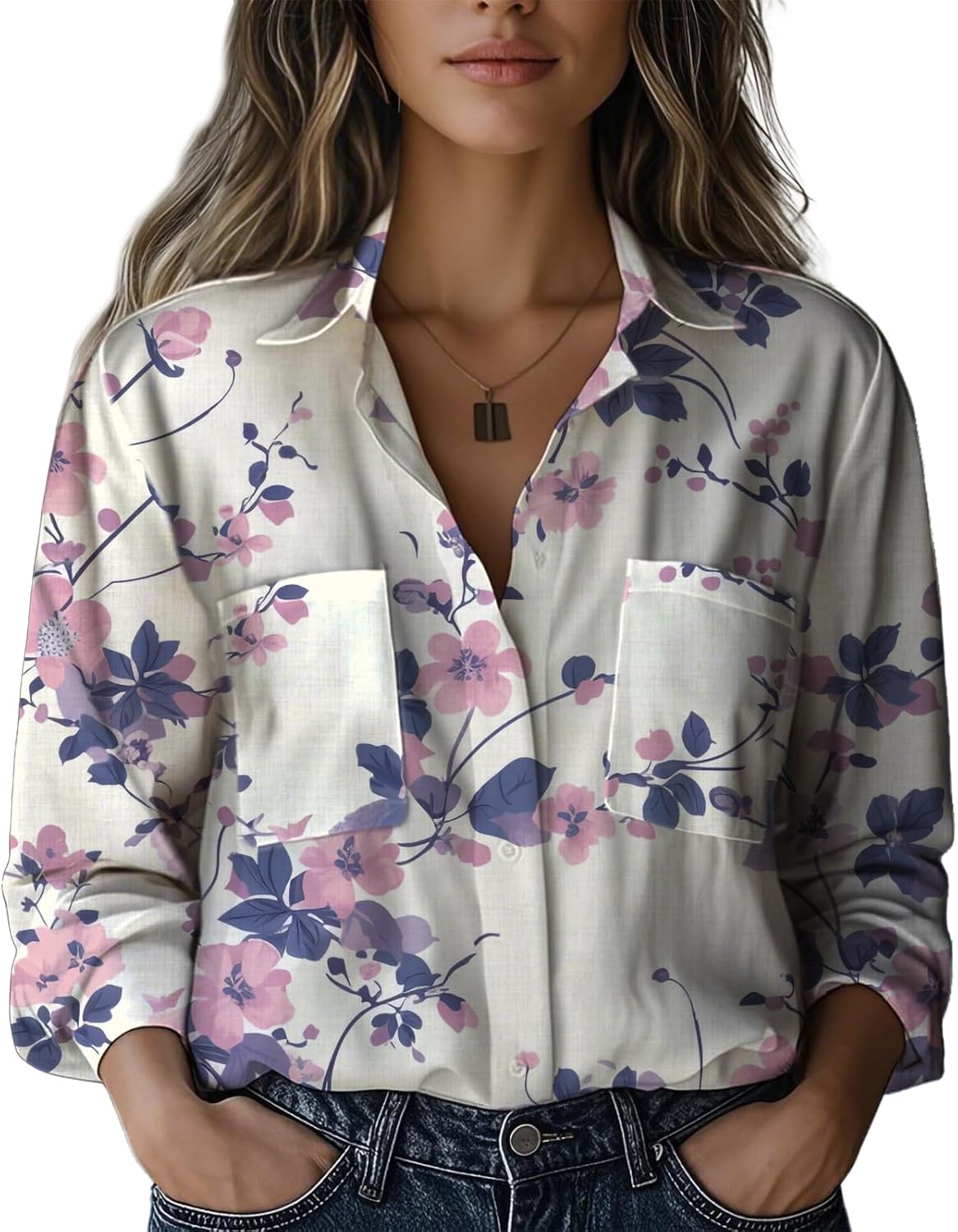 Womens Tops Floral V-Neck Shirts Loose Fitting Comfort Breathable Button Down Blouses Oversized Casual Clothes