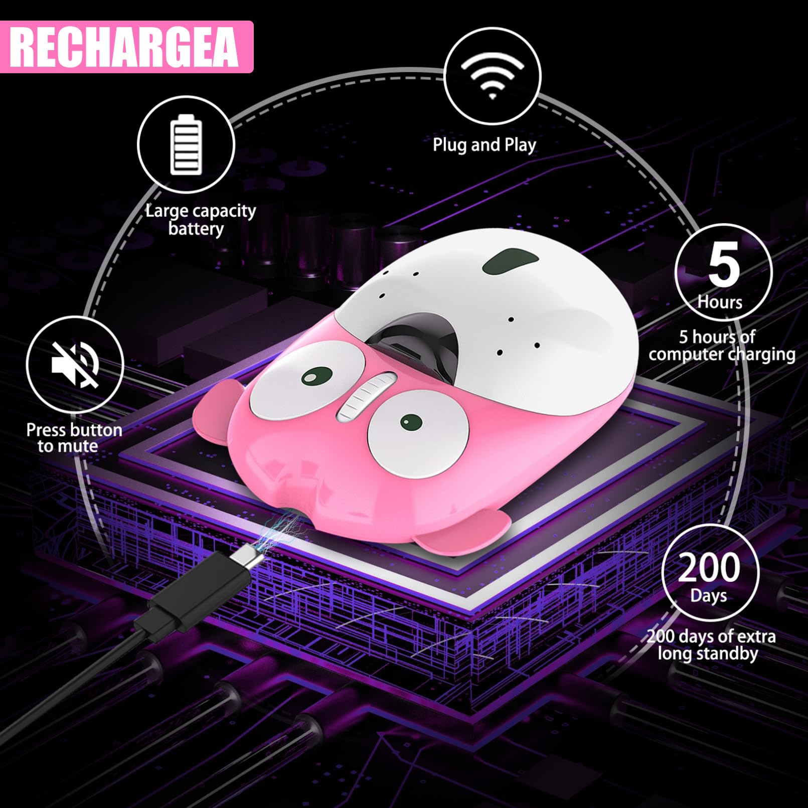 Cute Dog Wireless Mouse - 2.4GHz Rechargeable Silent Optical Mouse With USB Receiver