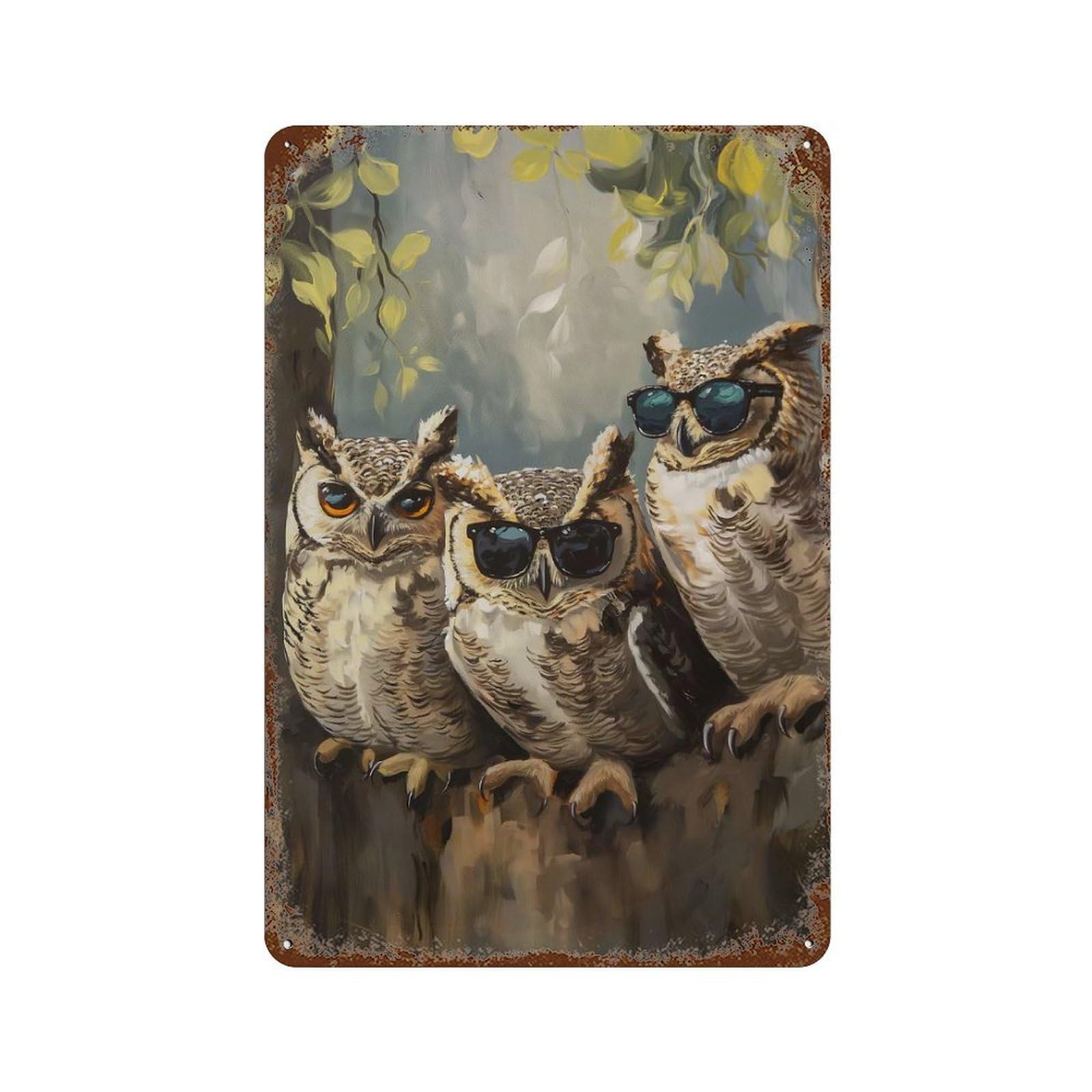 Three Cool Sunglasses Owls 11.8"x7.9" Distressed Metal Wall Sign, Shabby Chic Decor for Office, Studio And Wall Decor