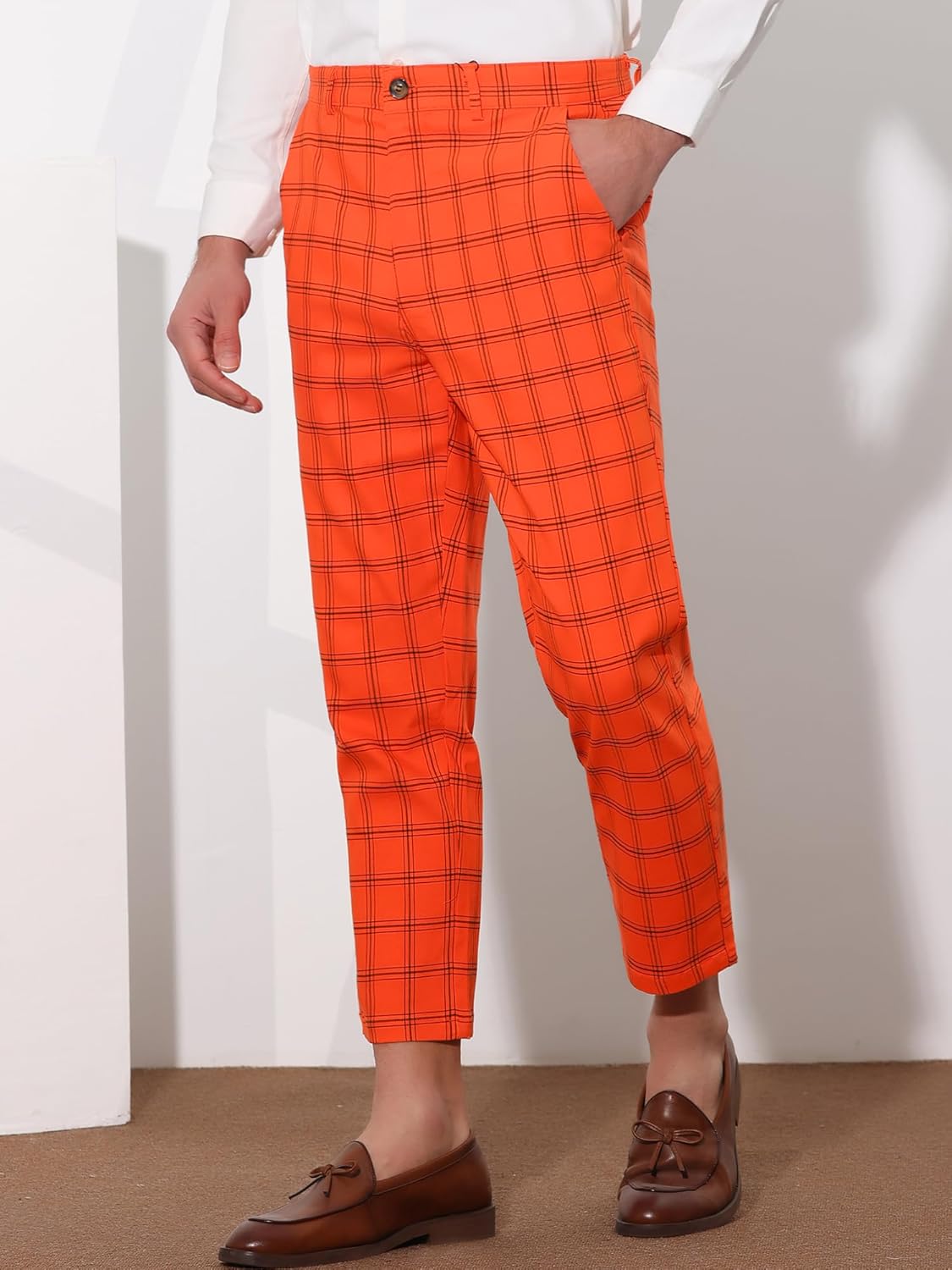 Lars Amadeus Plaid Dress Pants for Men's Flat Front Tapered Cropped Checked Trousers - Image 2