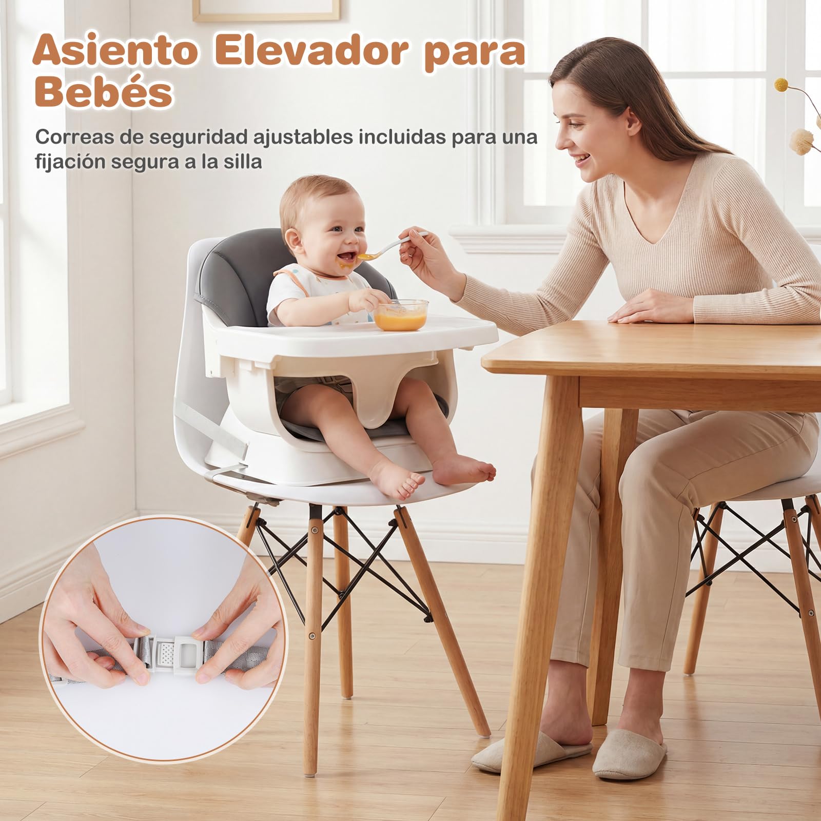 COSTWAY Trona Convertible para Bebés, Silla Alta de Alimentación Evolutiva con Bandeja y Cojín Desmontables, Arnés de 5 Puntos y Patas de Madera, Taburete Portátil Infantil para 6-36 Meses