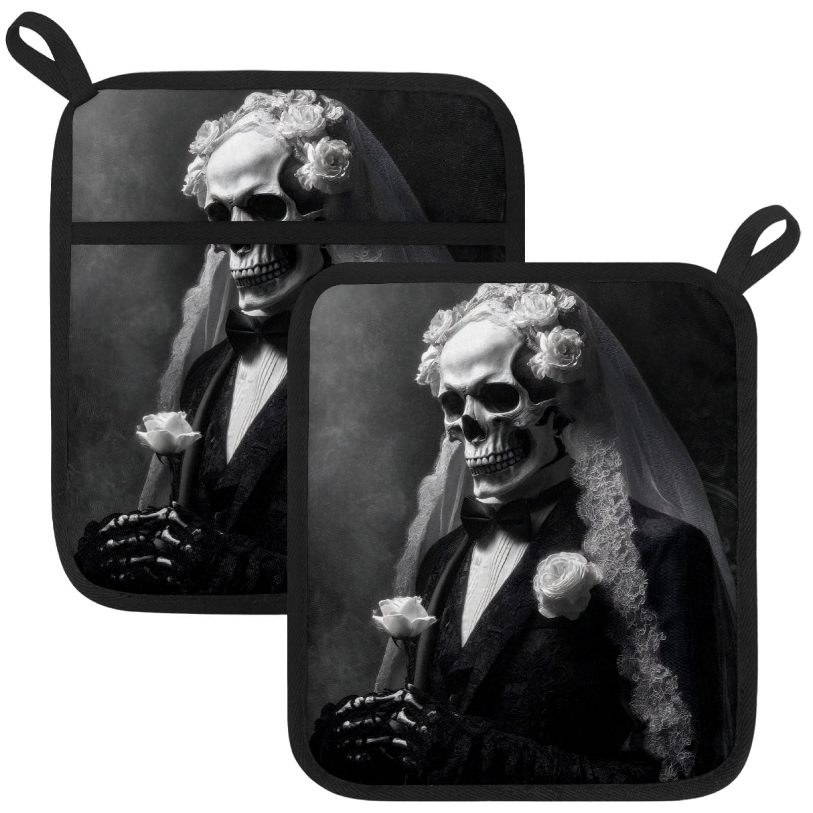 VAPOKF Skeletons Heat Resistant Pot Holders, Thick Pot Holders Pad with Hanging Loop for Kitchen, Oven Cloth Pads for Kitchen Baking Microwave Oven