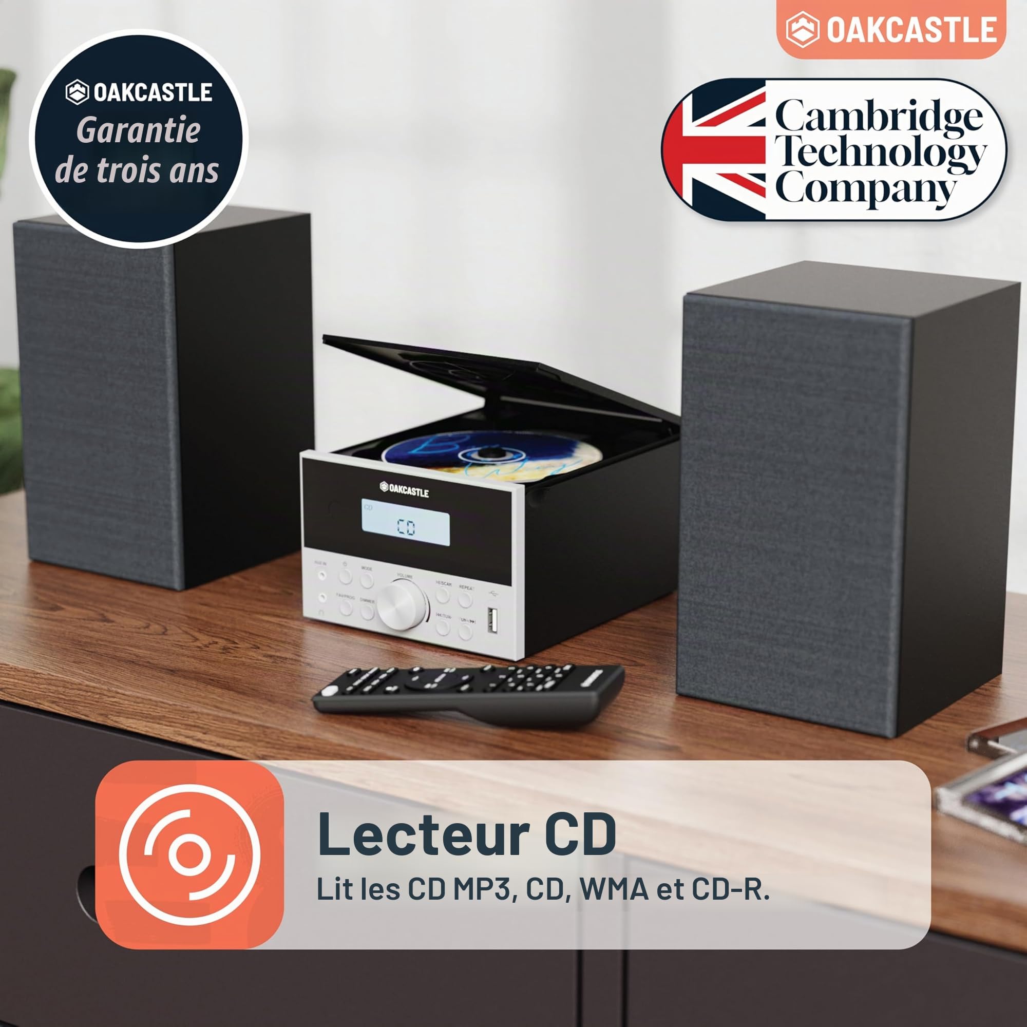 Lecteur CD Bluetooth 5.2 avec haut-parleurs | Puissant chaine HiFi compact de 20W | Radio FM, 30 préréglages, télécommande incluse | USB, AUX, lit les MP3, les CD, les CD-R | Oakcastle HIFI150