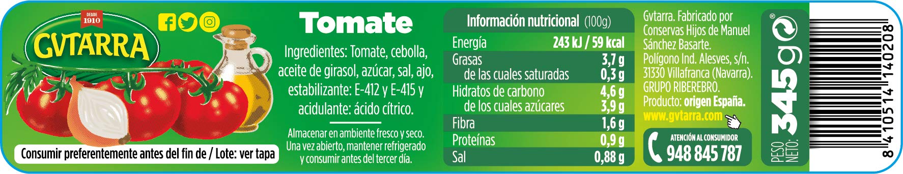 Gvtarra Tomate Cocinado En Conserva. Frasco 345gr -