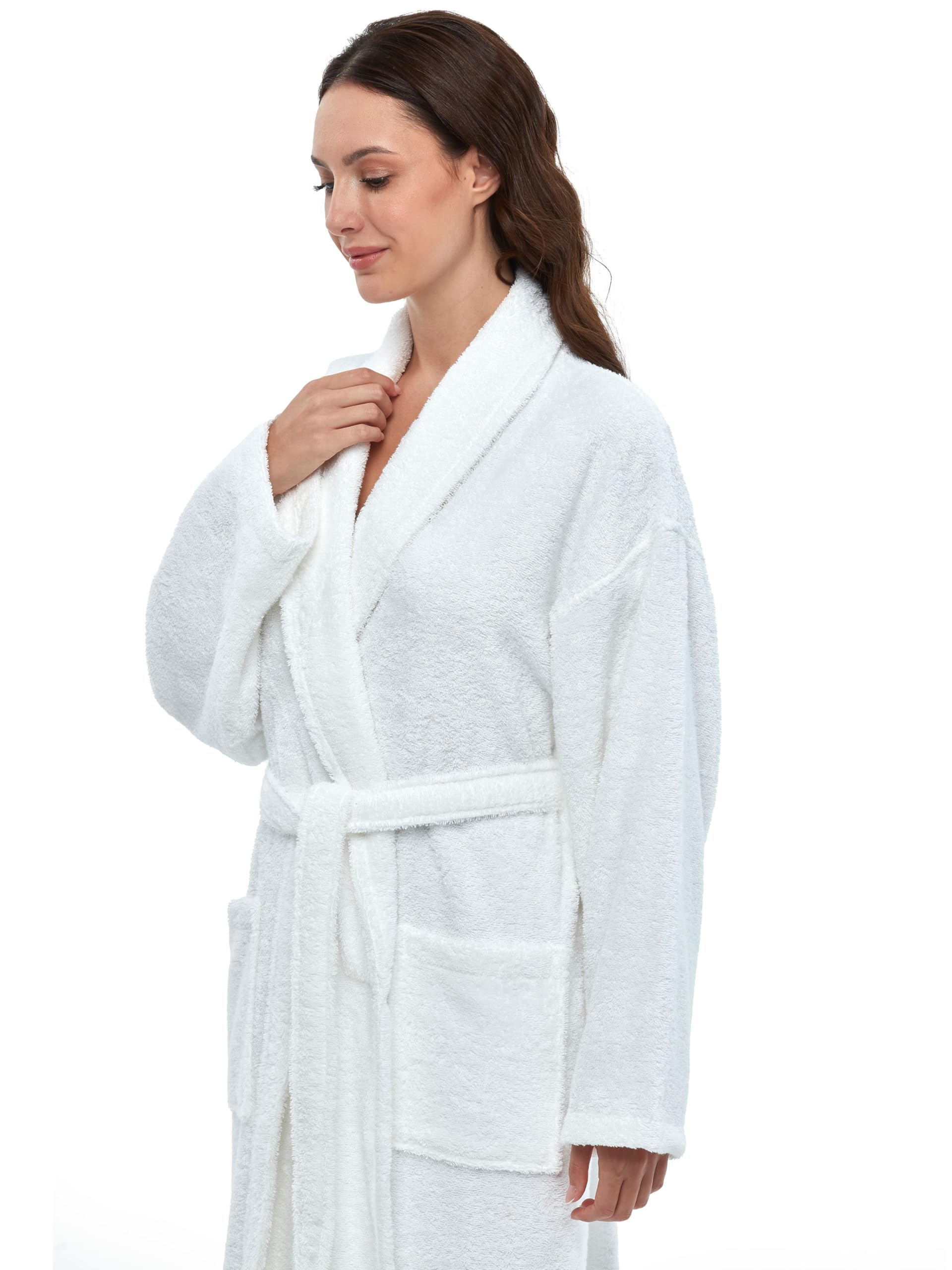 Arus Accappatoio da donna con collo a scialle, accappatoio in spugna di cotone turco, con opzioni di lunghezza regolare e intera, bianco, Large-X-Large