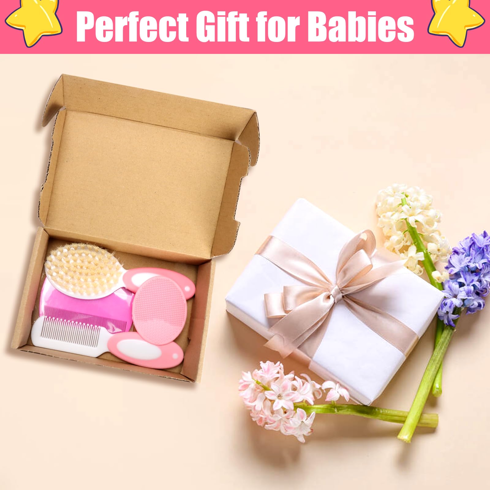 Set di spazzole e pettini per bambini, 4 pezzi, con setole morbide, per neonati, bambini e bambine (rosa)