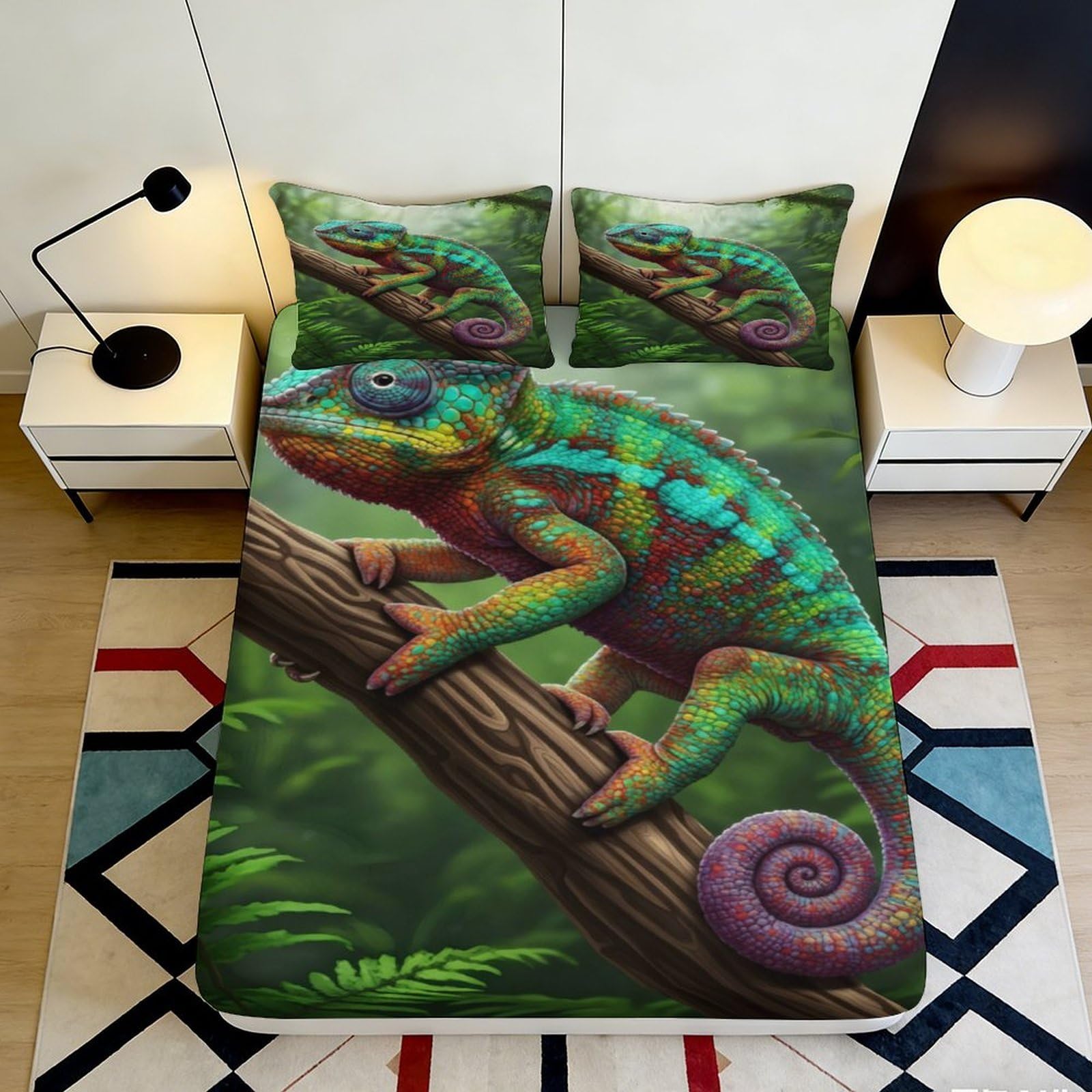 3D Printed Colorful Chameleon Fitted Sheet Microfiber Soft Breathable Exotic Lizard Mattress Cover for Bedroom Dormitory Guest Room Protection Decor 90x200x25cm
