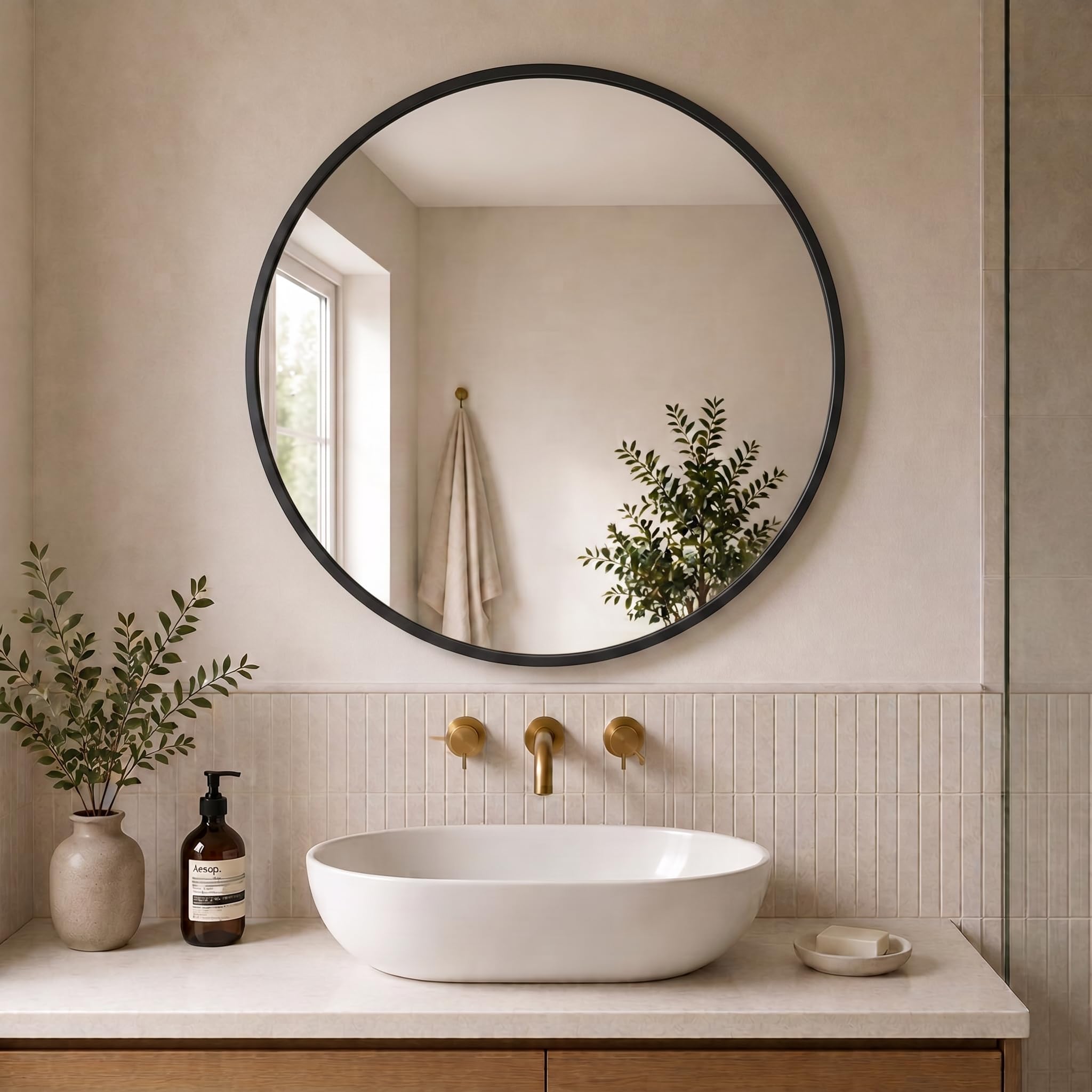 edihome, Espejo Redondo Grande de Pared, Negro 120 cm - Marco de Metal, Decorativo y Colgante, para Baño, Entrada, Recibidor, Pasillo, Dormitorio y Salón