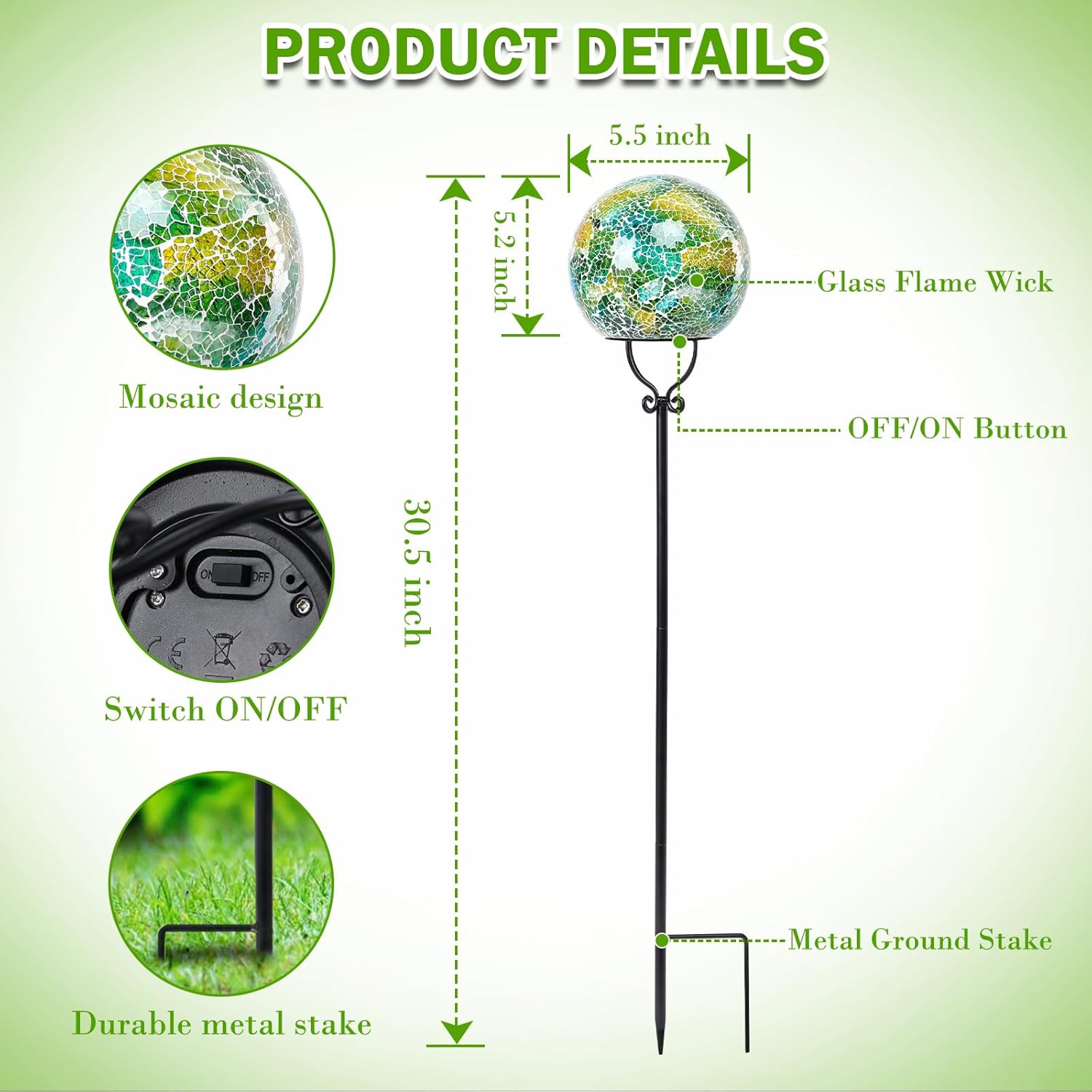 Solar Lights Outdoor Decorative Solar Mosaic Garden Stakes Cracked Glass Decorative Waterproof Outdoor Lights for Landscape Patio Yard Walkway Decoration Green