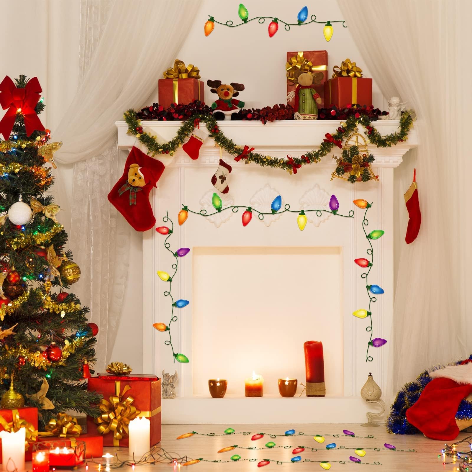 4 Sheets PVC Merry and Bright Stick Decals Christmas Wall and Window Decals Bulb Lights Stickers Party Supplies Window Clings Door Fridge Holiday Decoration