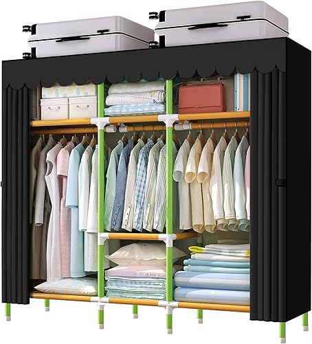 YOUUD Armario portátil de 65 pulgadas para colgar ropa con 3 varillas para colgar, tubo de hierro de color de 0.984 in y cubierta negra, organizador