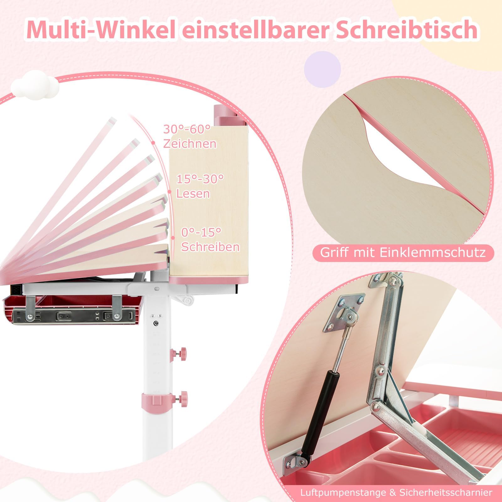 FANTASK Kinder Höhenverstellbarer Schreibtisch, Kinderschreibtisch mit neigbarer Tischplatte, Regalen & Schublade, Multifunktionaler Schülerschreibtisch für 3-12 Jahre Kinder (Rosa)