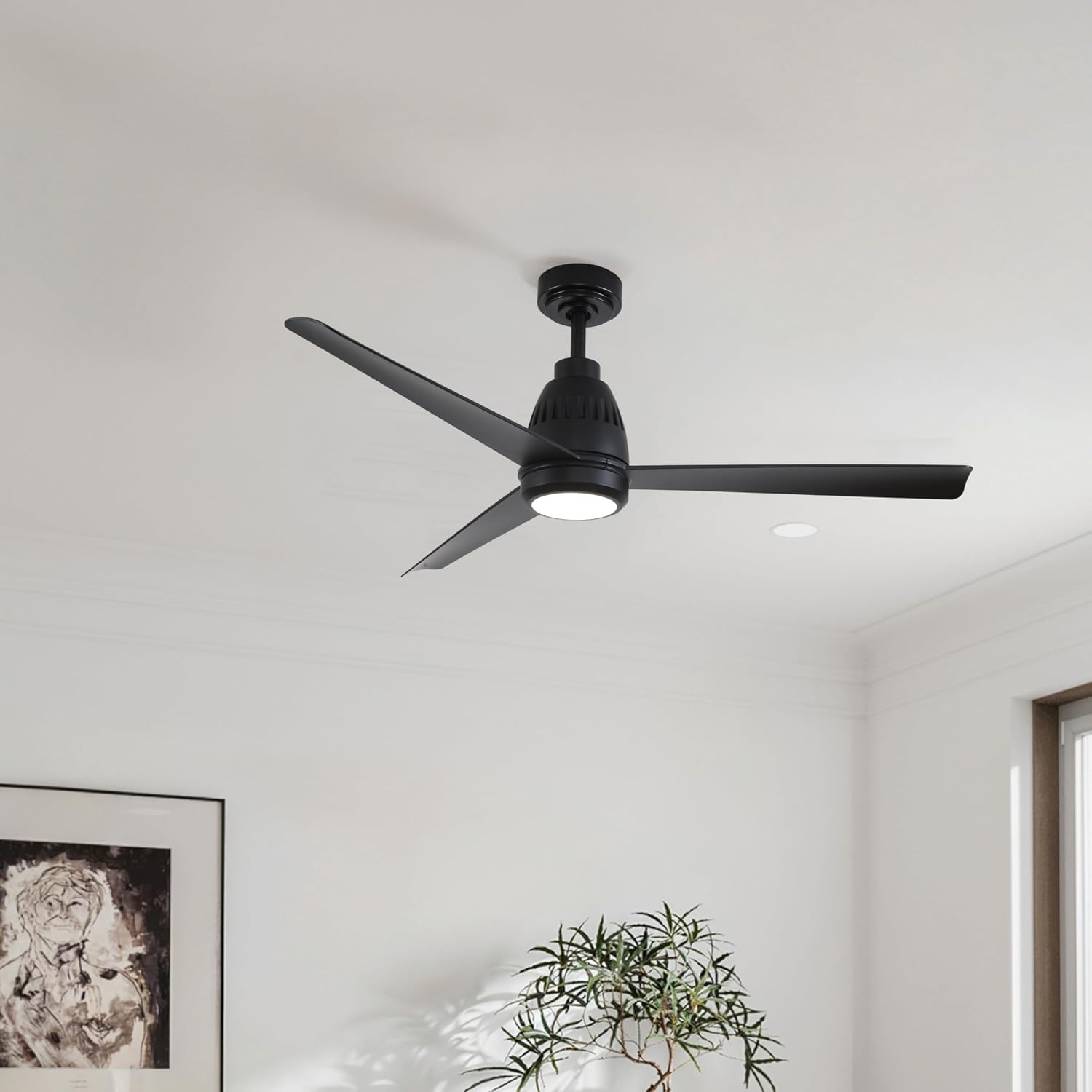 KASTLITE 52" Ceiling Fan with Light | Remote Control, Whisper Quiet DC Motor | Powerful Cooling for Bedroom, Living Room & Garage | Modern Downrod Mount Indoor Fan | Matte Black Body & Blades, Mayor