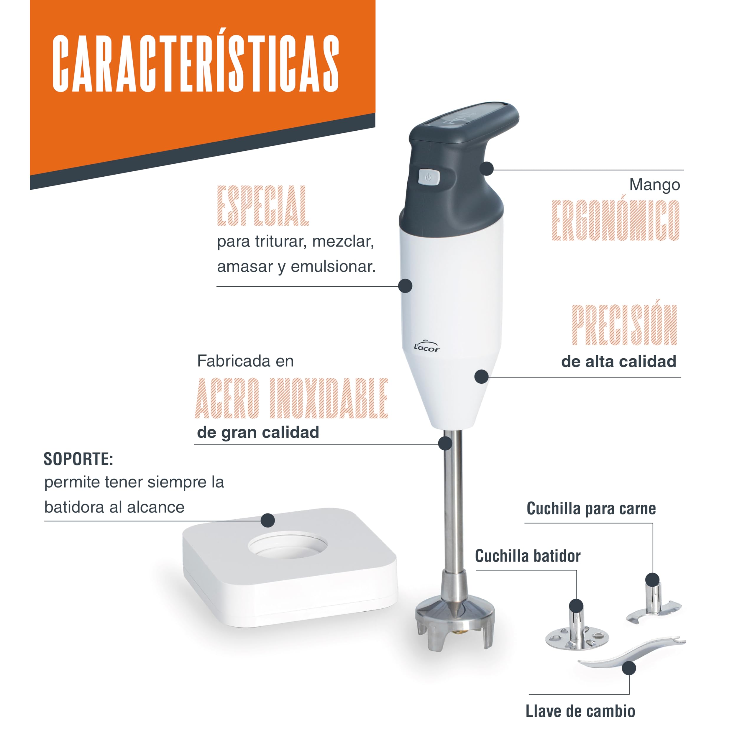 Lacor 61664 - Batidora ProVite, de Precisión, 170W, 22.000 r.p.m | En acero inoxidable, tritura y bate sin esfuerzo; agarre ergonómico, ideal para cocina profesional y uso diario en casa