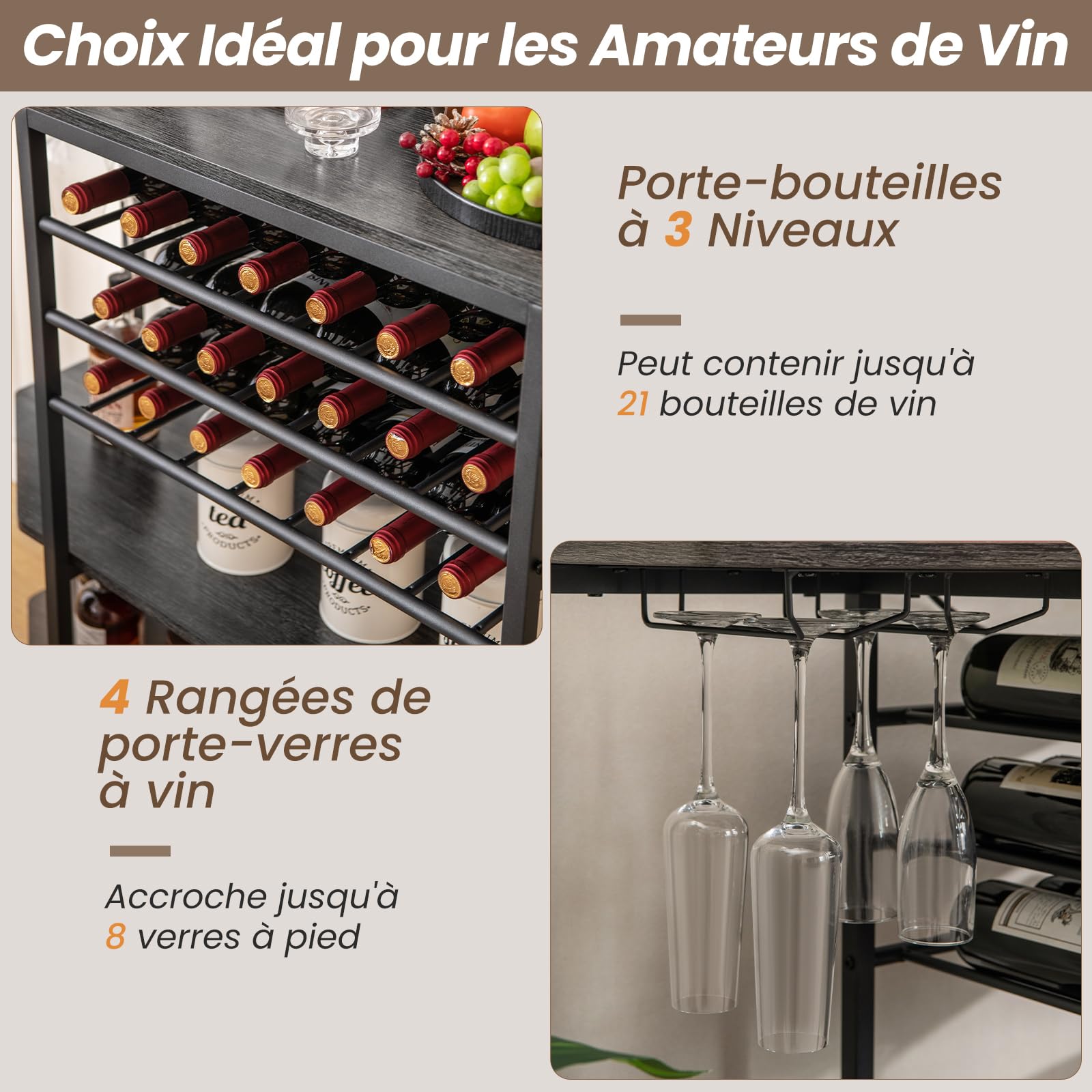 GOPLUS - Portabotellas con estación de carga integrada, mueble de bar de 3 niveles con estantes abiertos espaciosos y armario para botellas de vino, adecuado para cocina, comedor (Brown Industri)