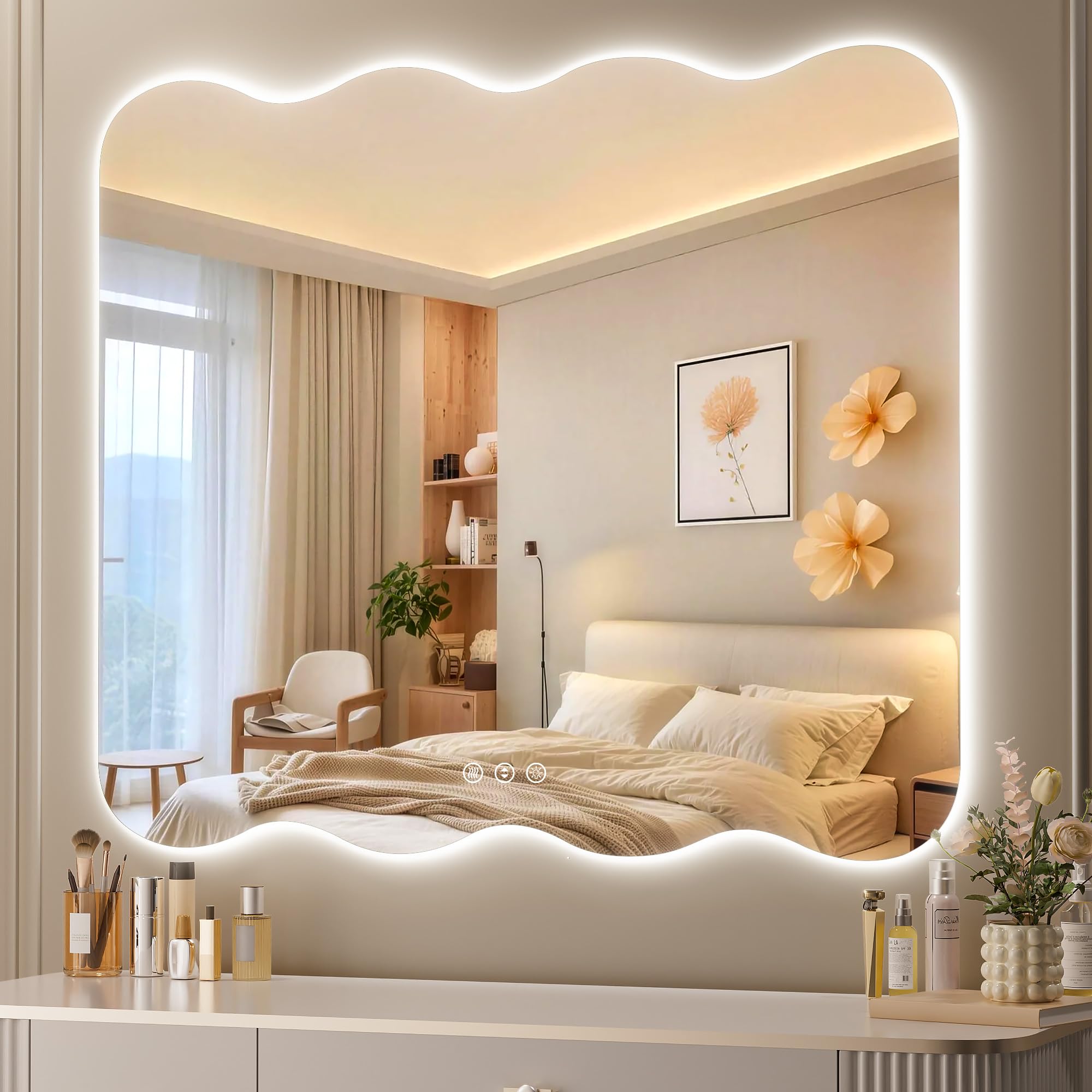 Hasipu Wavy Full Length Mirror with Lights - 90 x 90cm LED Wavy Floor Mirror, Frameless, Dimmable, Standing or Vertical/Horizontal Wall-Mounted Mirror for Bedroom, Living Room, Cloakroom
