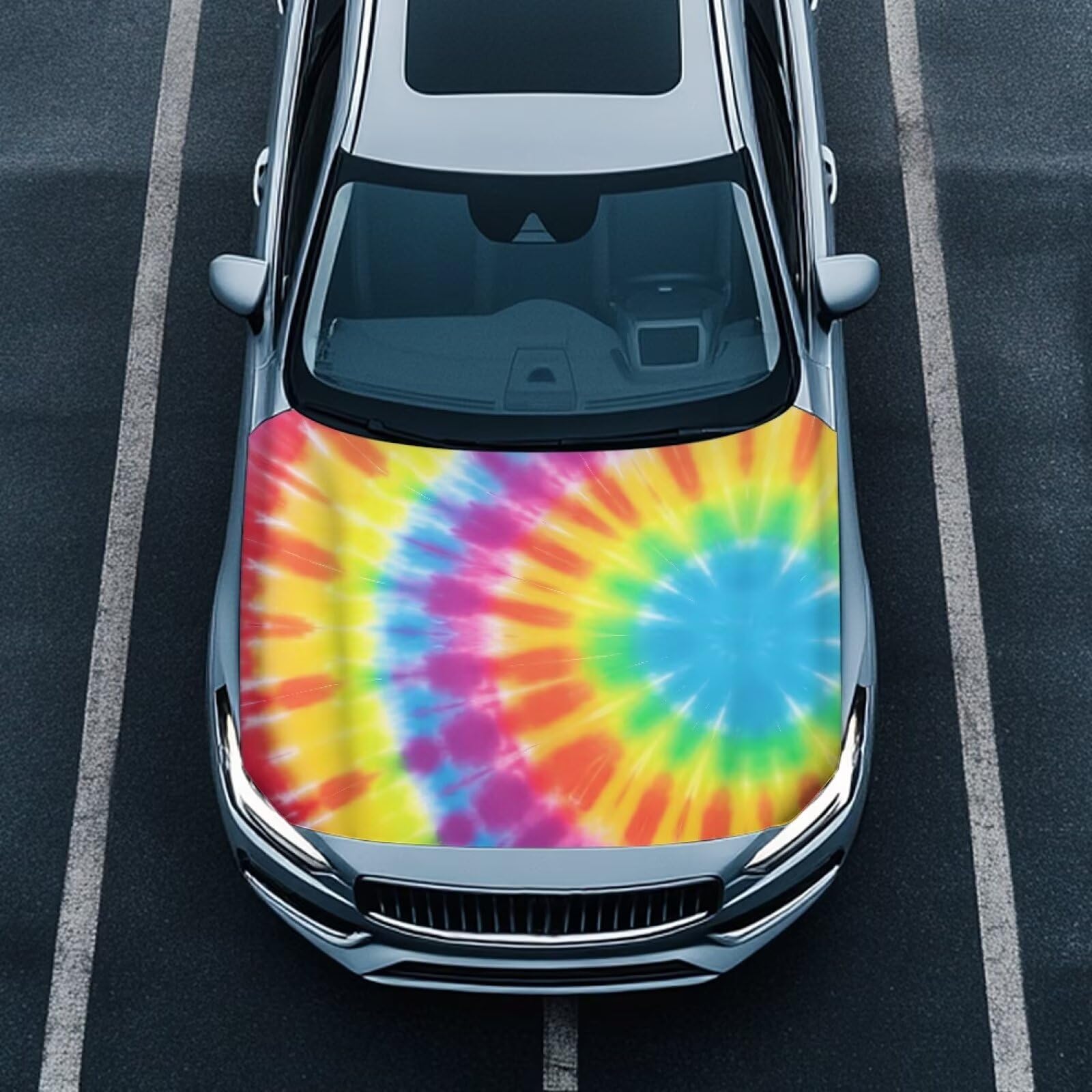Tie Dye Spiral Car Hood Covers for Automobiles, Rainbow Gradient Tie-Dye 3X5FT Stretchable Polyester Suitable for Most Vehicles Sedans Trucks, LGBTQ Car Bonnet Banner