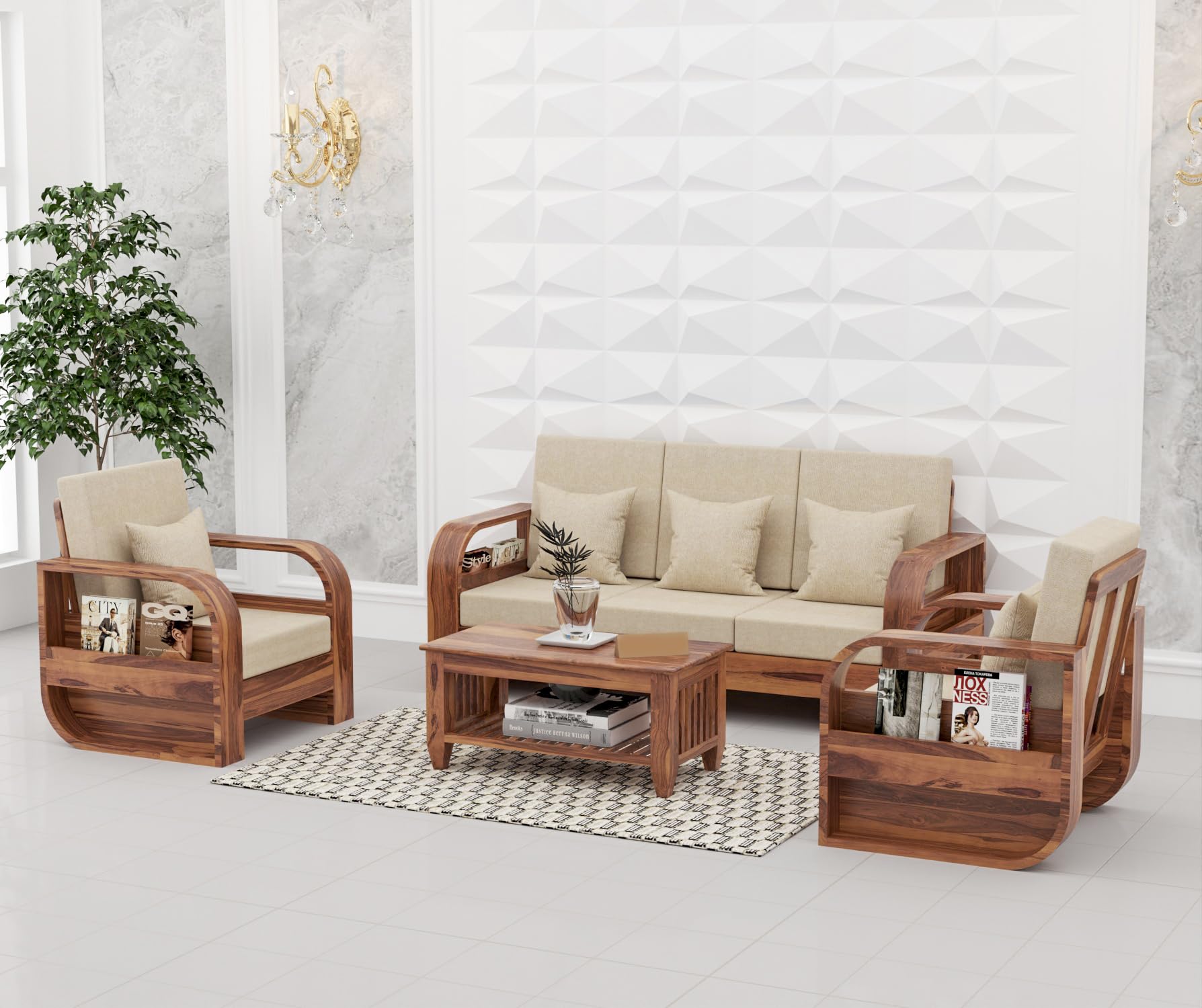 MURARAKA ART Sheesham Wood 5 Seater Sofa Set for Living Room | 5 Seater Sofa Set | Wooden Sofa Set | (3+1+1, Natural Teak Finish)