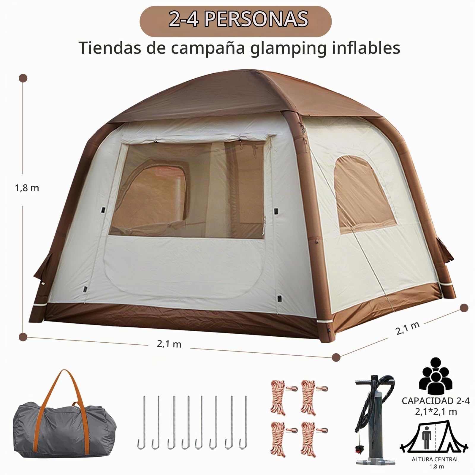Tienda de campaña inflable, tiendas de campaña inflables para 2/4/6/8 personas para acampar, actualización 2025 Puerta con cremallera de fácil construcción Carpas inflables Casa grande con protección