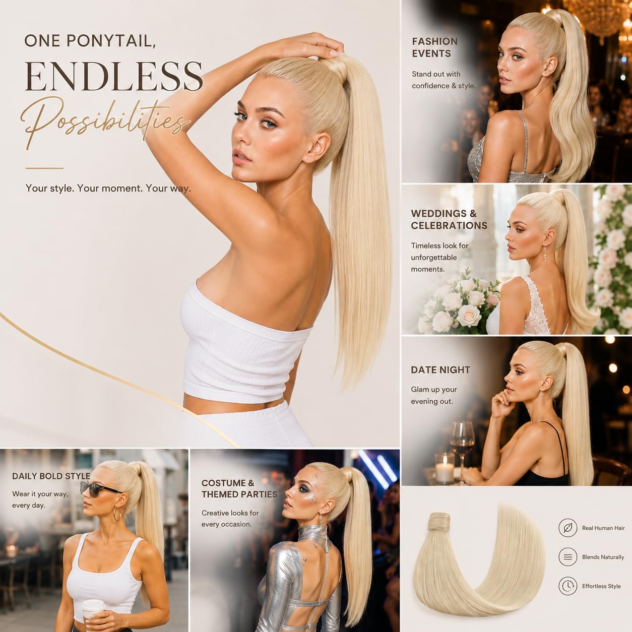 Ve Sunny Real Human Hair Ponytail Extension Platimun Blonde 20 Inch