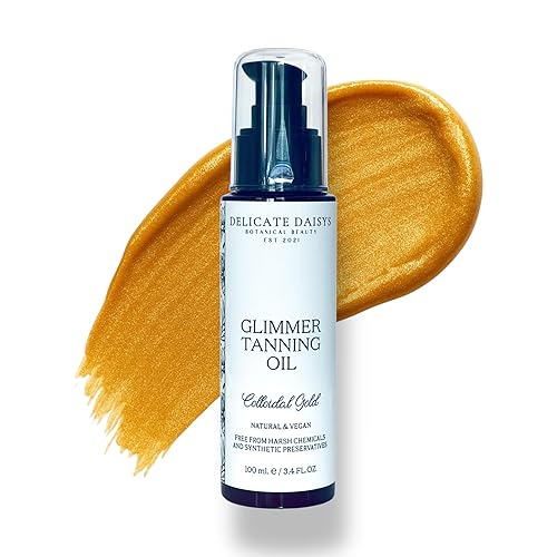 Aceite bronceador Glimmer con oro coloidal – Brillo bronceador vegano para piel radiante, 3.4 oz – Delicate Daisys Botanical Beauty