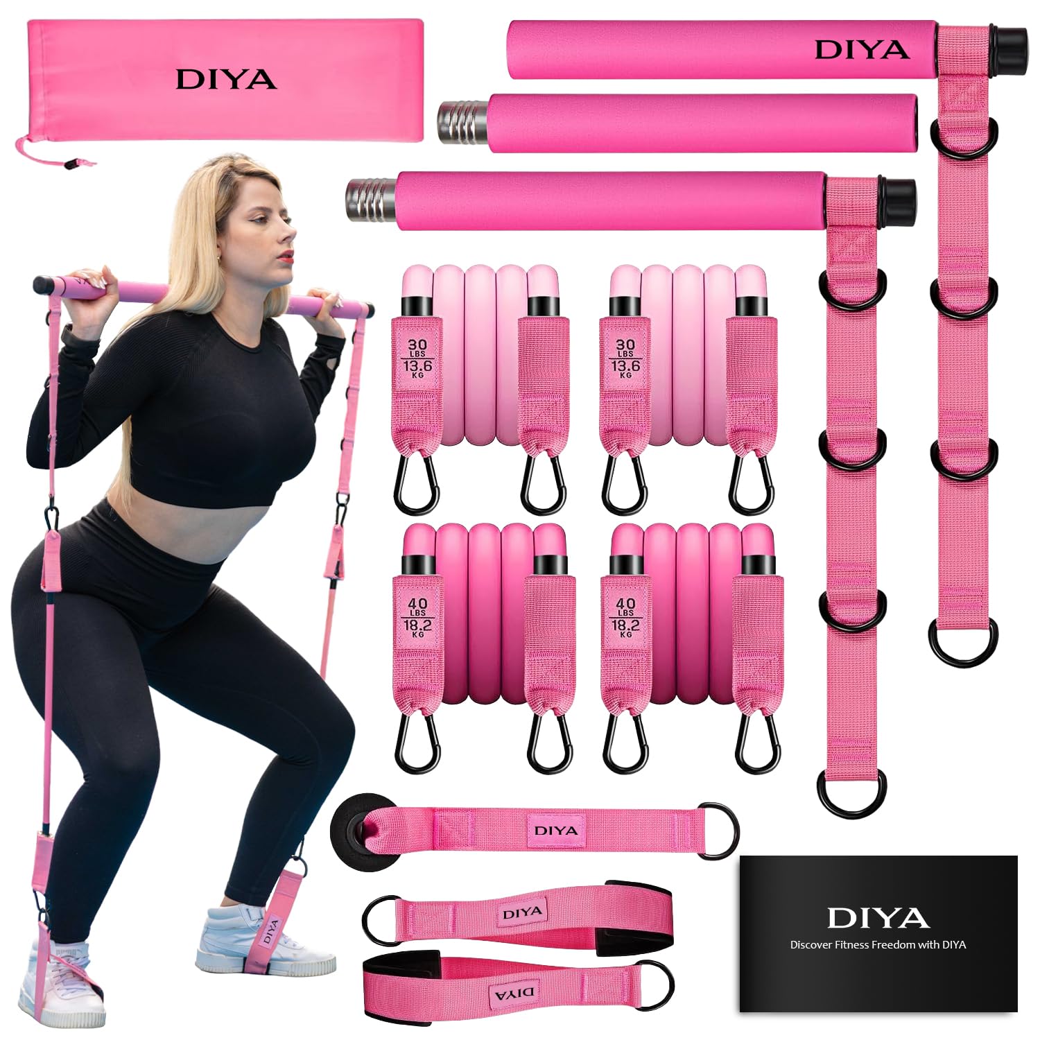 DIYA Pilates Bar Kit with Resistance Bands, Stretched Fusion Bar for Women & Men, 140 lbs Equipment for Legs, HIPS, Waist, Arms, Back, Core, Adjustable 3-Section Home Gym Kit for Full-Body Workouts