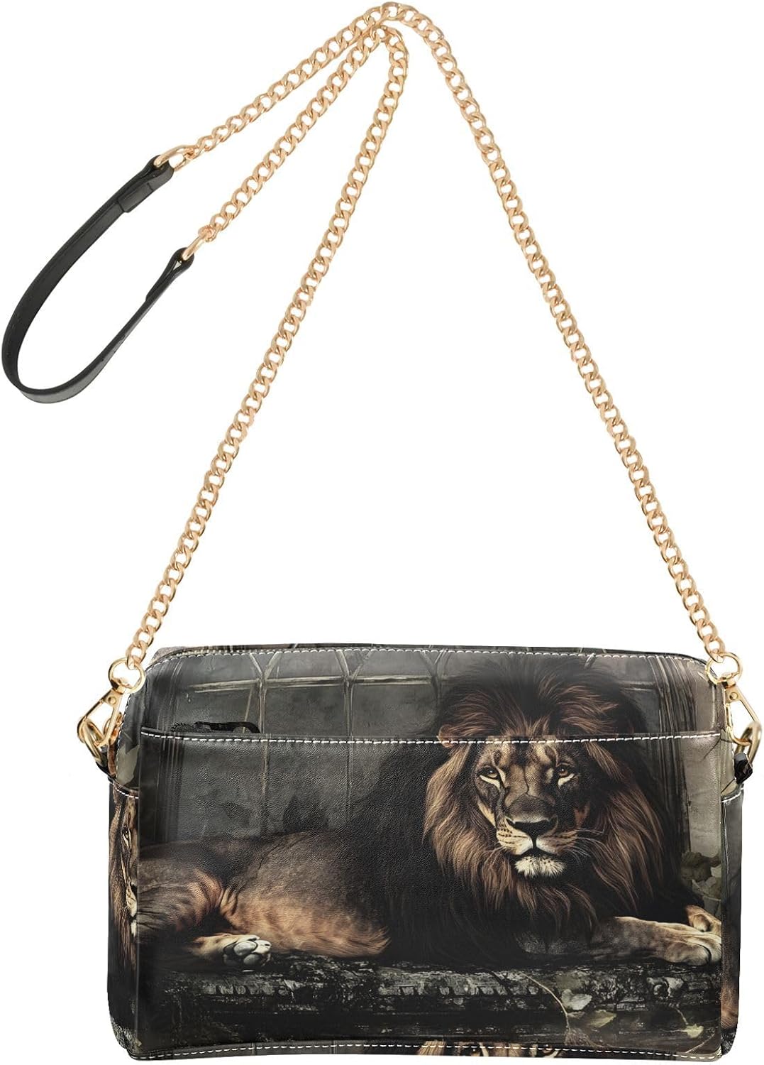 Women Crossbody Bag Shoulder Handbag Cellphone Purse PU Leather Metal Chain Strap Water Resistant Zipper Closure Gothic Lion Print