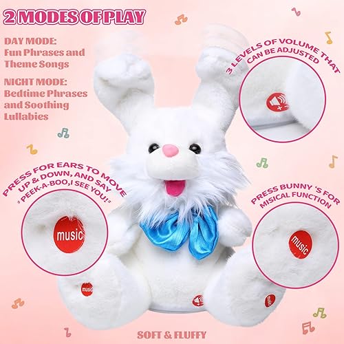 Miniatura 4 de Emoin Peluche de conejo parlante para niños pequeños, repite lo que dices, Peek-A-Boo, juguetes animados de peluche para niños y niñas (rosa)