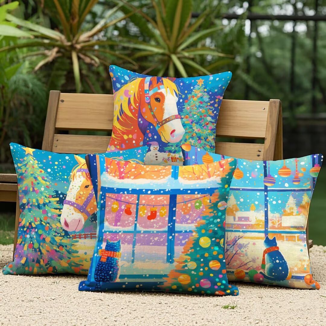 Kissenbezug 40x40 cm 4er Set Outdoor Kissen Weihnachten Gartenkissen Beidseitiger Druck Sofakissen Pferd Dekokissen Wetterfest Leinen Kissenhülle für Garten Balkon Terrasse Wohnzimmer Deko Ym474