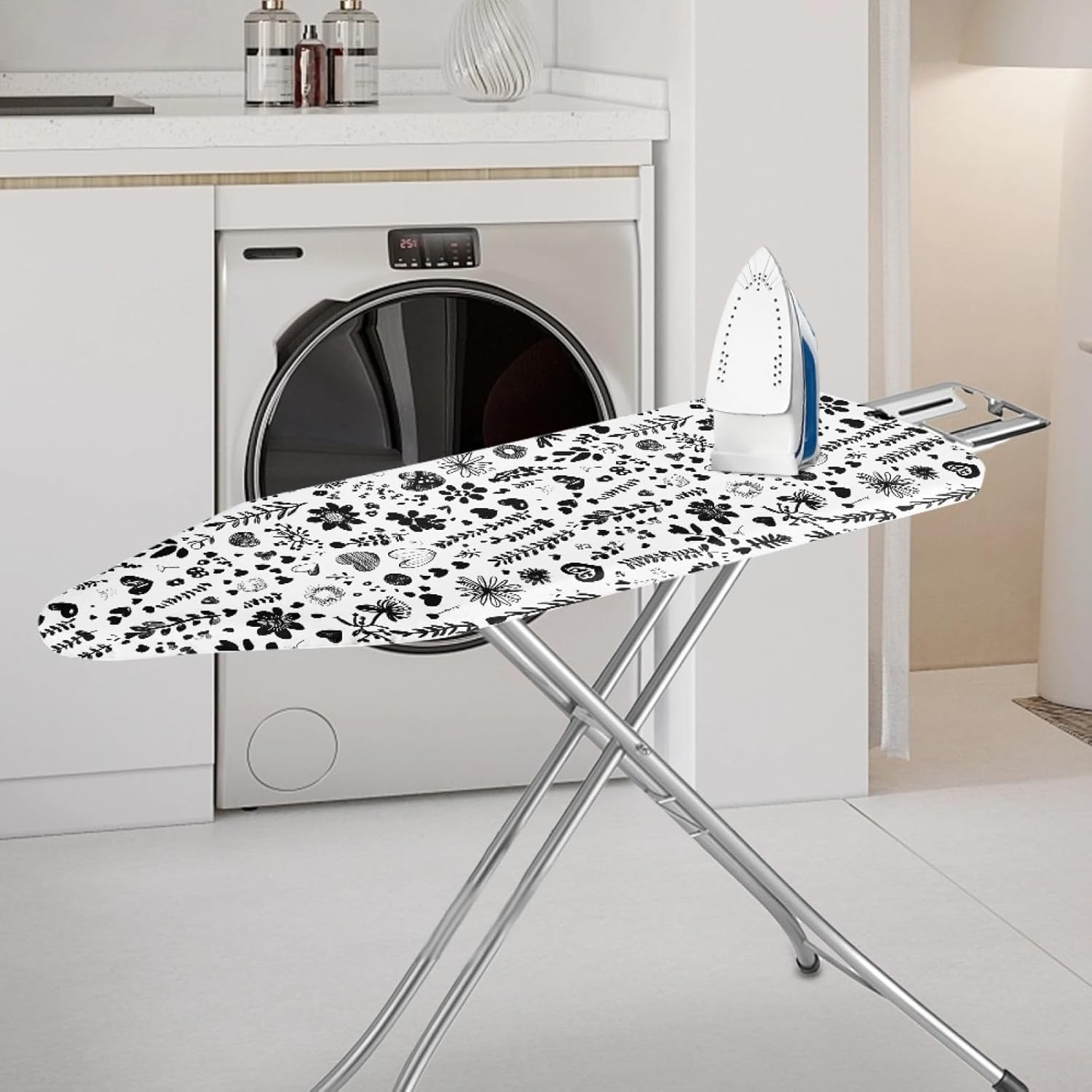 Padded Ironing Board Covers 18 X 49 Black Flower Oval Ironing Board Pad and Cover Thick Replacement Drawstring Tightening & Lock, Easy Fit, Scorch & Stain Resistant, Non Slip