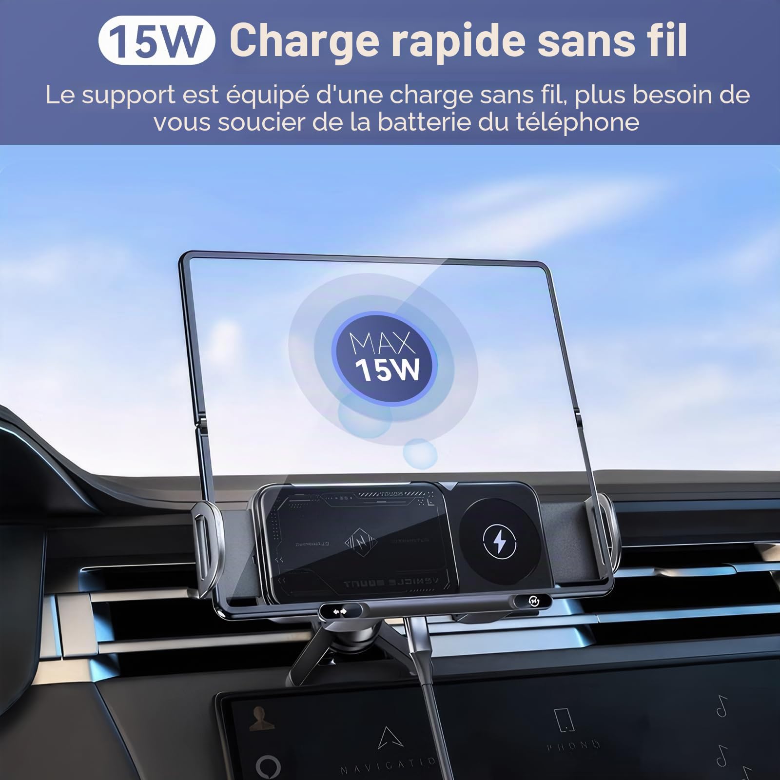 Qoosea 15W Support Telephone Voiture Induction, Qi Rapide Chargeur Induction Voiture Double Bobine, Auto Clamping Chargeur sans Fil pour Samsung Galaxy Z Fold 6/5/4/3/2 S25/S24/iPhone 16/15 Série