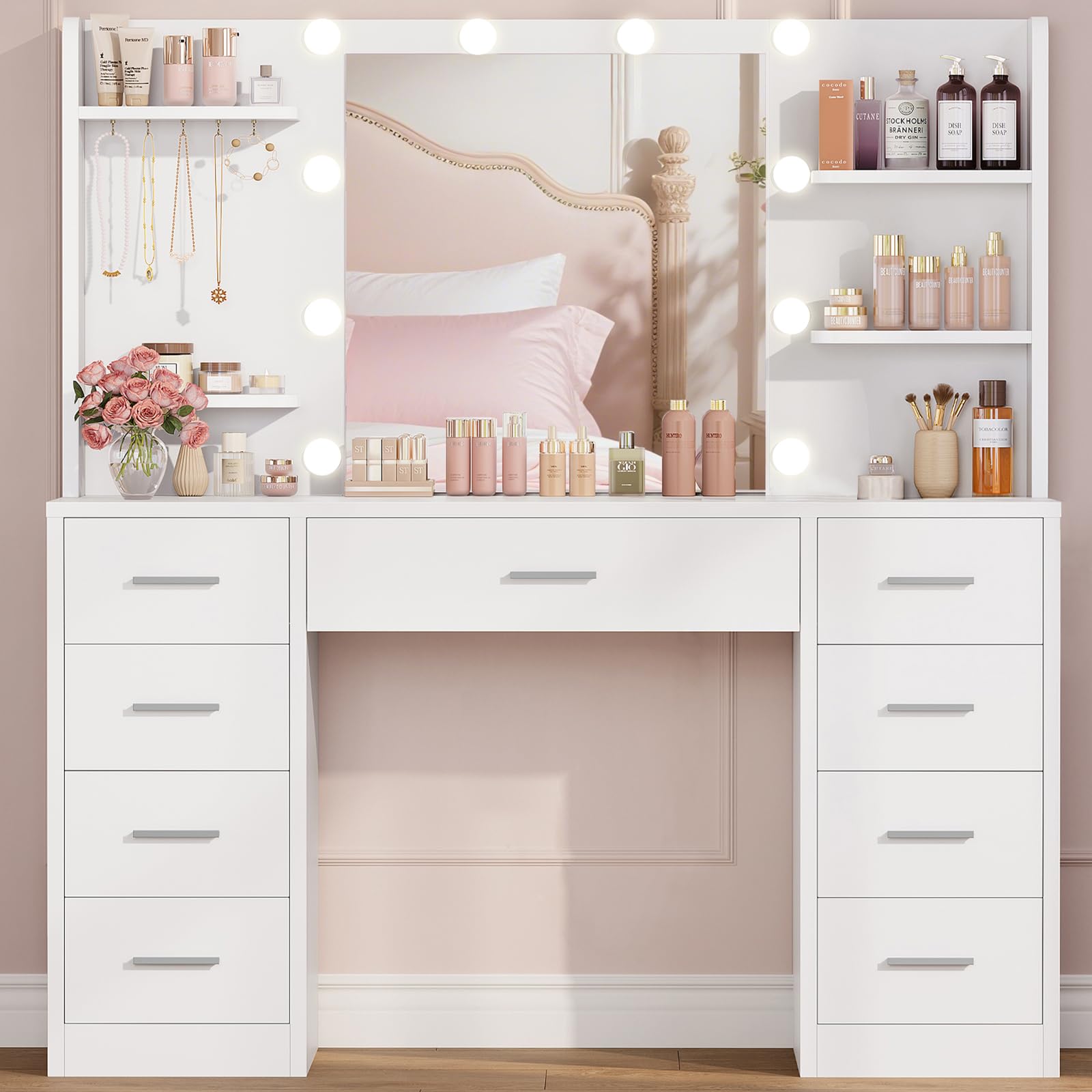 TEENFON Large Dressing Table with 3-Color LED Lighted Mirror, Adjustable Brightness, Makeup Vanity Table with 9 Drawers, 6 Shelves & 5 Jewelry Hooks, Vanity Desk for Bedroom, Dressing Room, White — image 1