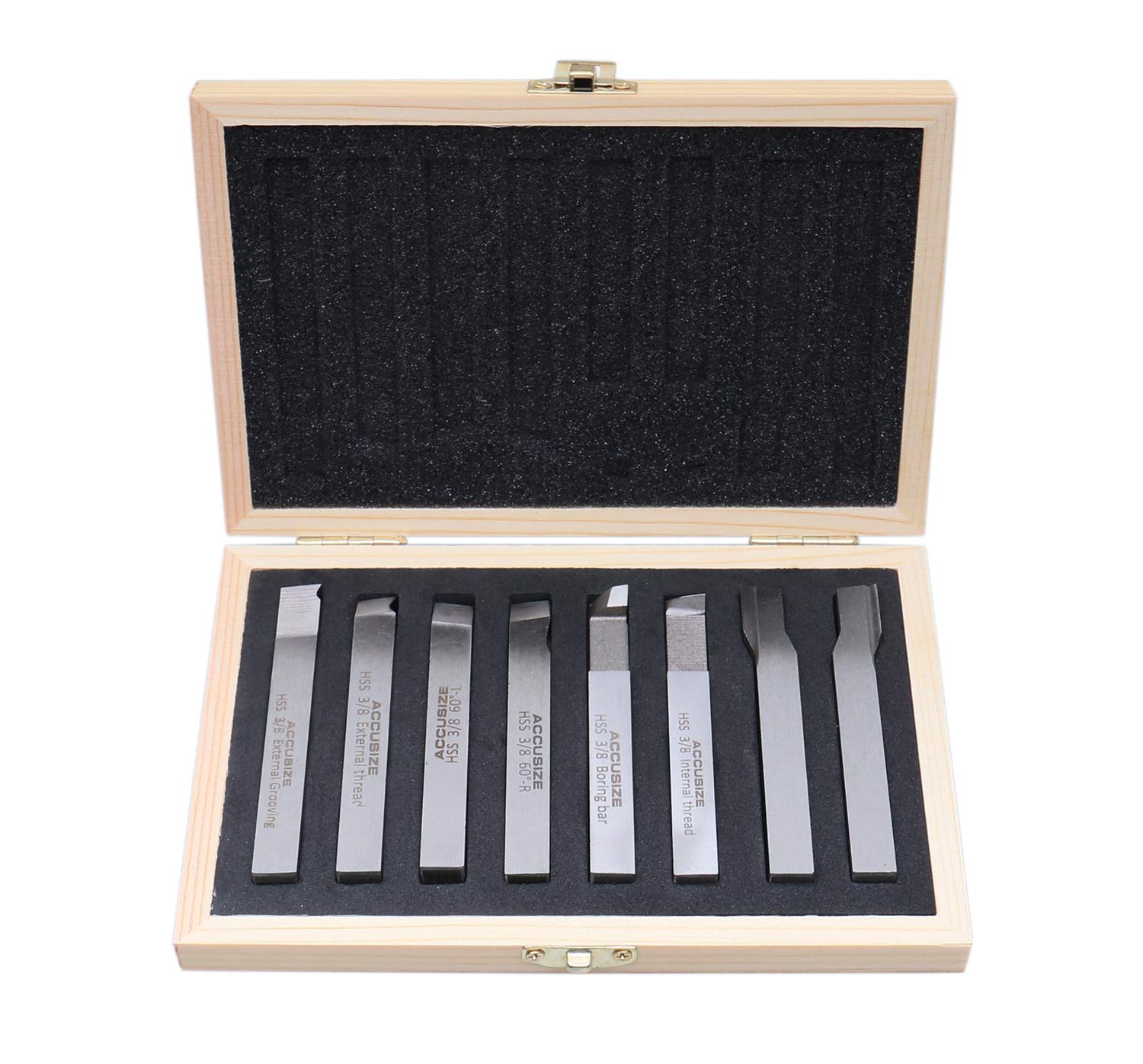 AccusizeTools - 3/8 inch 8 pcs H.S.S. Tool Bit Set, Pre-Ground for Turning & Facing Work, for Aluminum.Steel, Brass, Plastic & Wood, 2662-2003