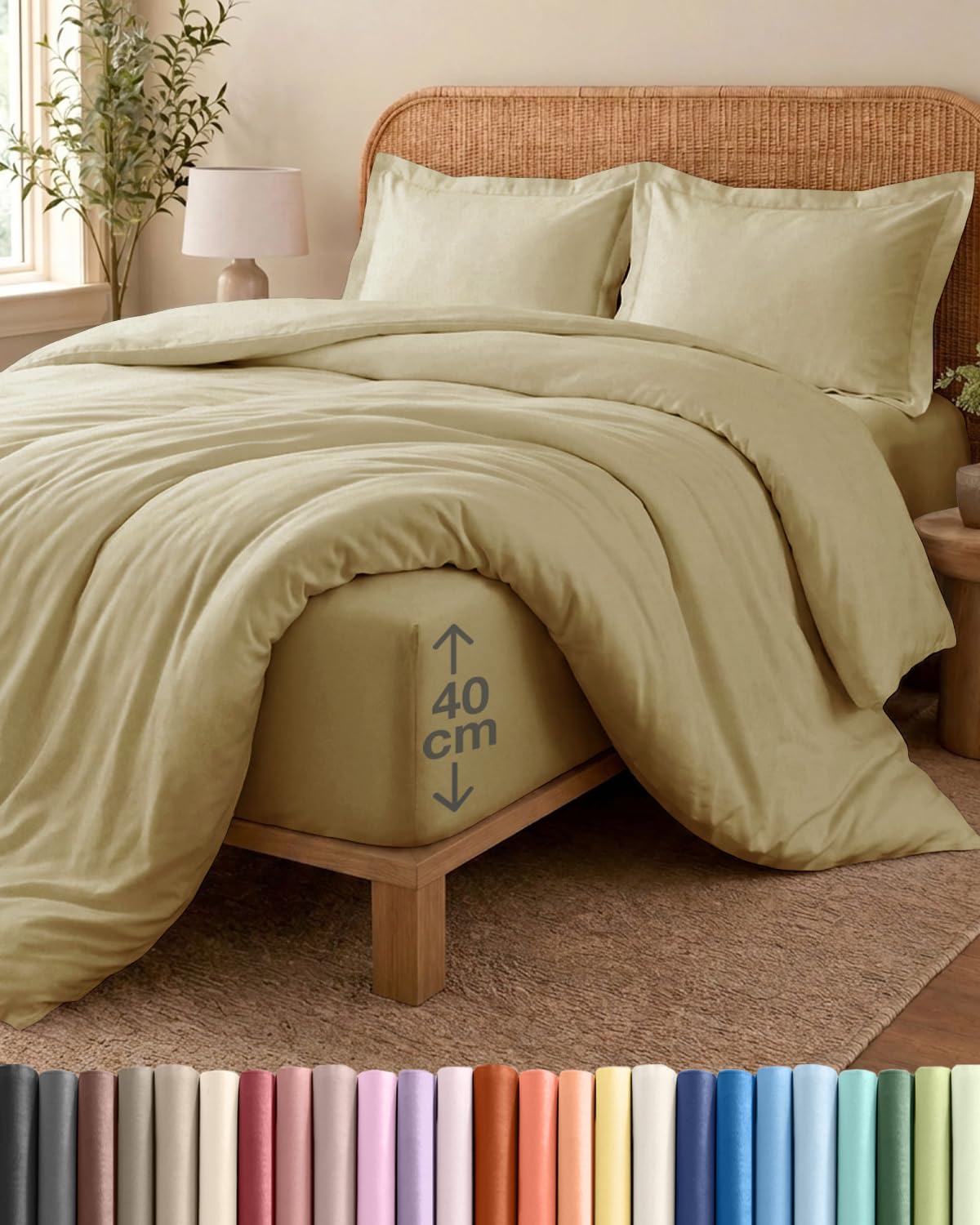 4 Piece King Size Beige Duvet Cover Set - Duvet Cover & Fitted Sheet, 2 Pillowcases - 230x220cm + 150x200cm 40cm / 16" - Brushed Microfibre - Soft, Wrinkle & Fade Resistant - OEKO-TEX Certified