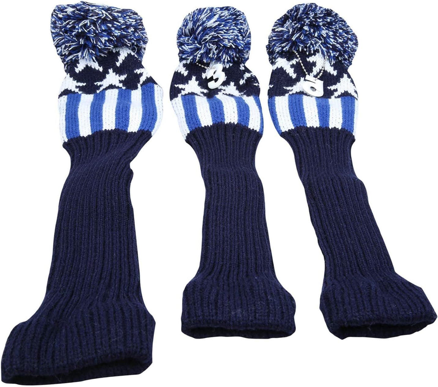 Golf Builder 3pcs USA Stars and Stripes Knitted Golf Head Cover Driver Fairway Wood Pom Pom Head Cover Sock Covers