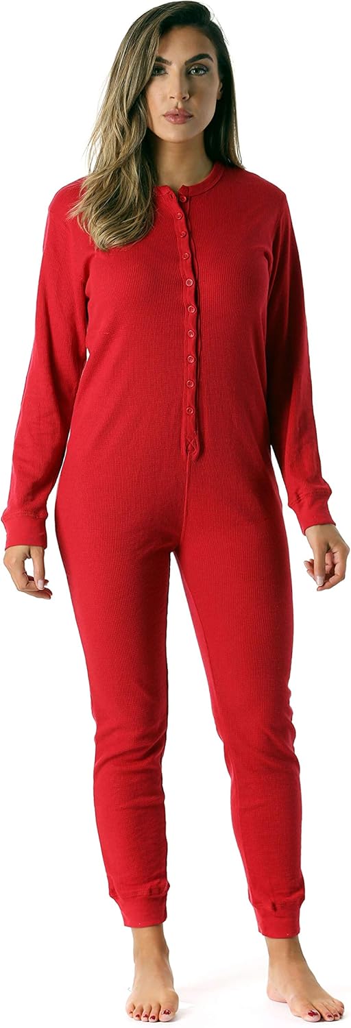 #followme Women's Thermal Henley Onesie Union Suit X-Large Red