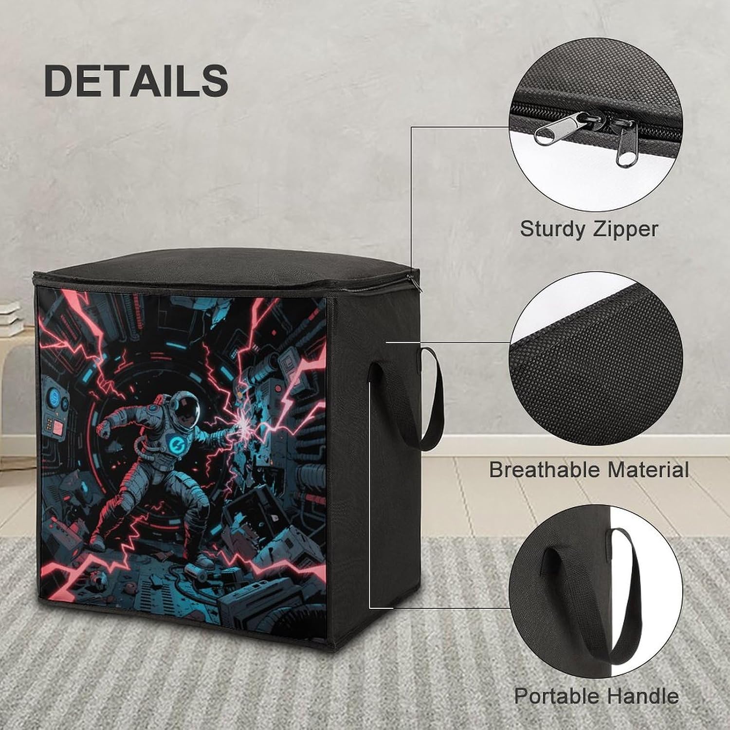 Blacklight Astronaut Storage Bag with Zippers And Handle Extra Large Bedding Comforter Storage Bag Foldable Blanket Storage Bags Fabric Moving Bags for Closet Organizer (70L)
