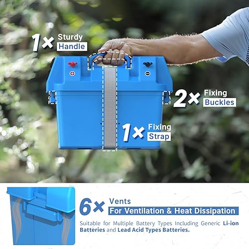 Miniatura 4 de Redodo Caja de batería portátil, grupo 24-27 caja de batería de 12 V, corriente máxima de 60 A, voltímetro integrado, tomas de corriente continua y