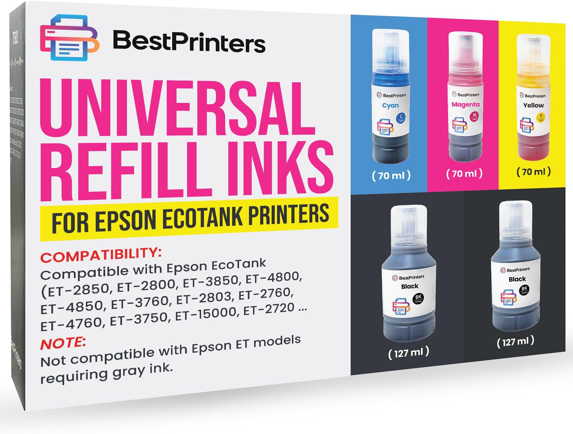 T502 502 Ink Refill Bottles for Ecotank ET2760 ET-4760 ET2750 ET-3760 ET-2850 ET-15000 ST-4000 ET-3710 ET-3850 ET-3750 ET-4850 3ET 830 ET4750 ET2700 ST3000 ET3700 Printer (2BK C M Y)