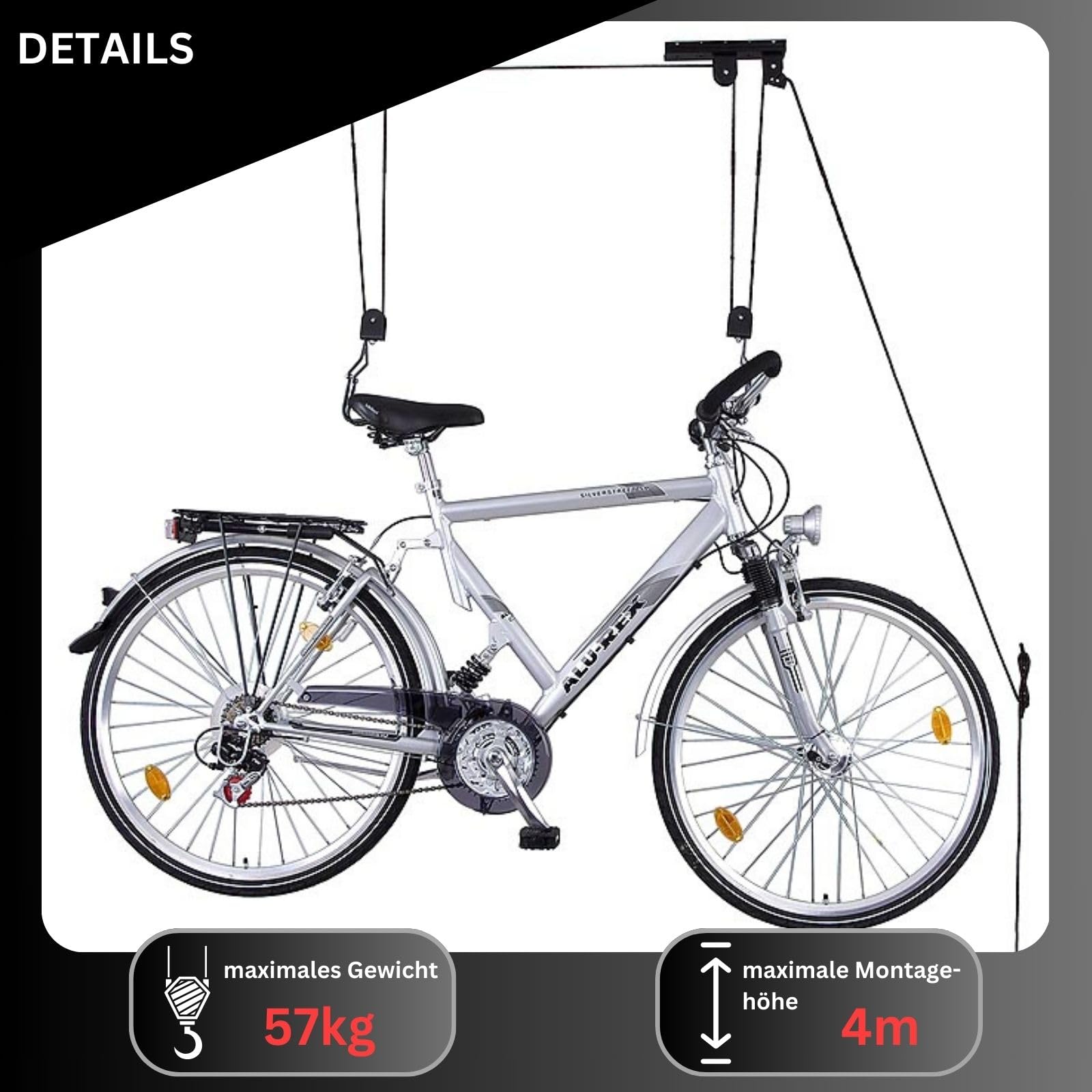 Fahrradlift Plus Support de plafond pour vélo électrique – Idéal pour les coffres de toit, kayaks – Ascenseur de vélo jusqu'à 57 kg – Efficace et sûr pour plus d'ordre dans le garage ou la cave