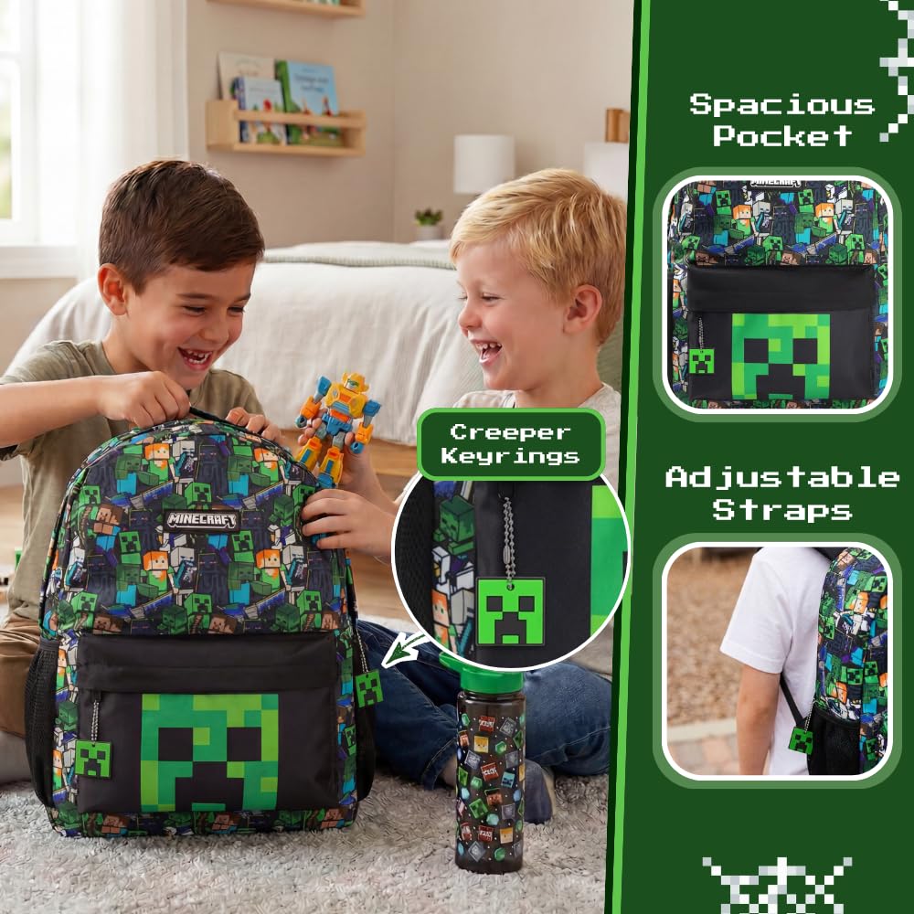 Minecraft Opcje plecaka szkolnego dla chłopców, plecak dla graczy z pnączami, zombie, szkieletem, endermana i pająkiem jaskini, torba z postaciami do szkoły, podróży, gier, jednodniowych wycieczek |
