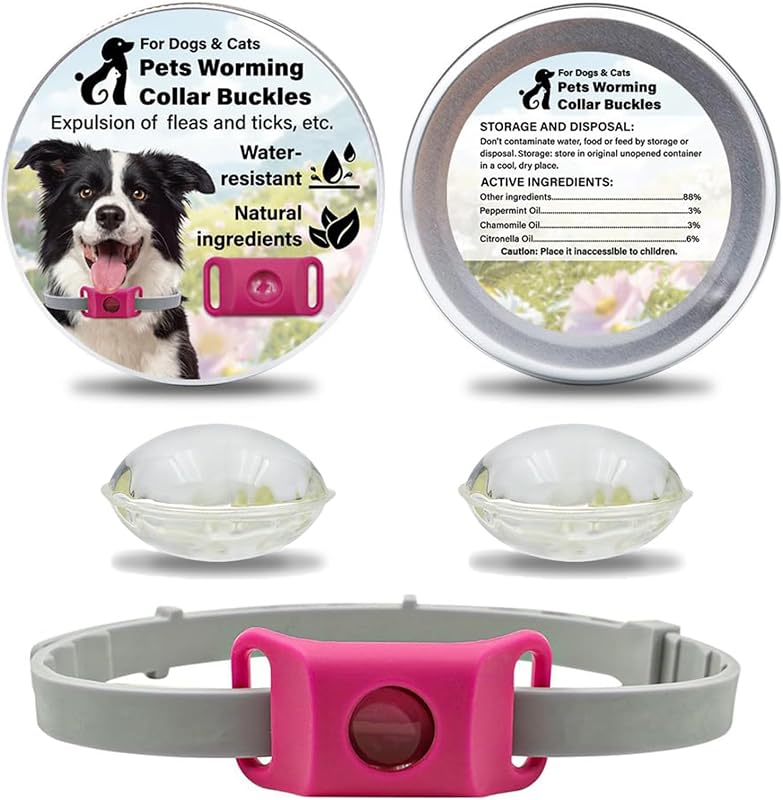 Aquality Pets Collier Antiparasitaire, Collier Anti Puces pour Chien, Réglable Naturel Pendentif Répulsif aux Huiles Essentielles avec 2 Capsules Remplaçables (Rose)