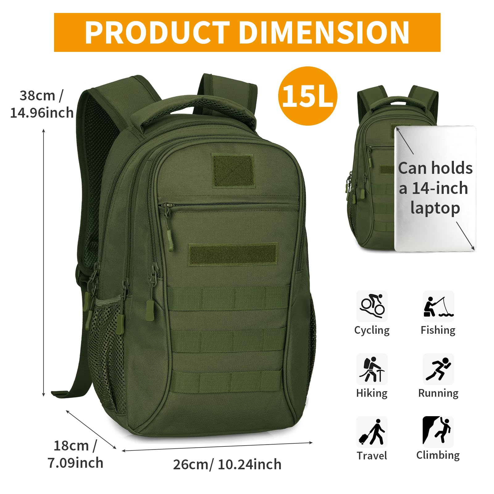 HUNTVP Zaino Militare 15L Zaino Tattico Molle Zainetto Uomo Impermeabile per Pesca Campeggio Casual Viaggio Trekking