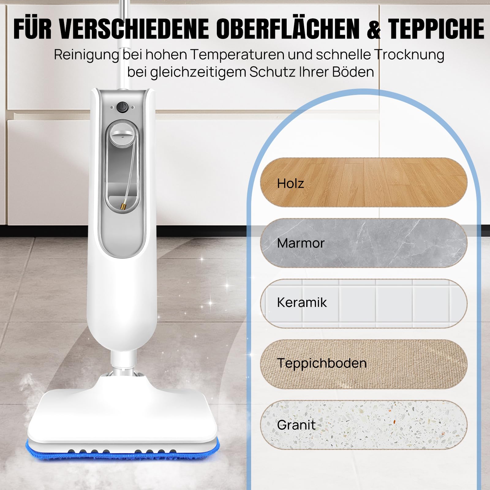 Qimu Dampfreiniger 1500W Dampfbesen Bodendampfreiniger Hand-dampfreiniger bis 108°C für Tiefenreinigung Böden Elektrischer Bodenwischer mit Wassertank 400ML, Entfernt bis zu 99,9% der Bakterien