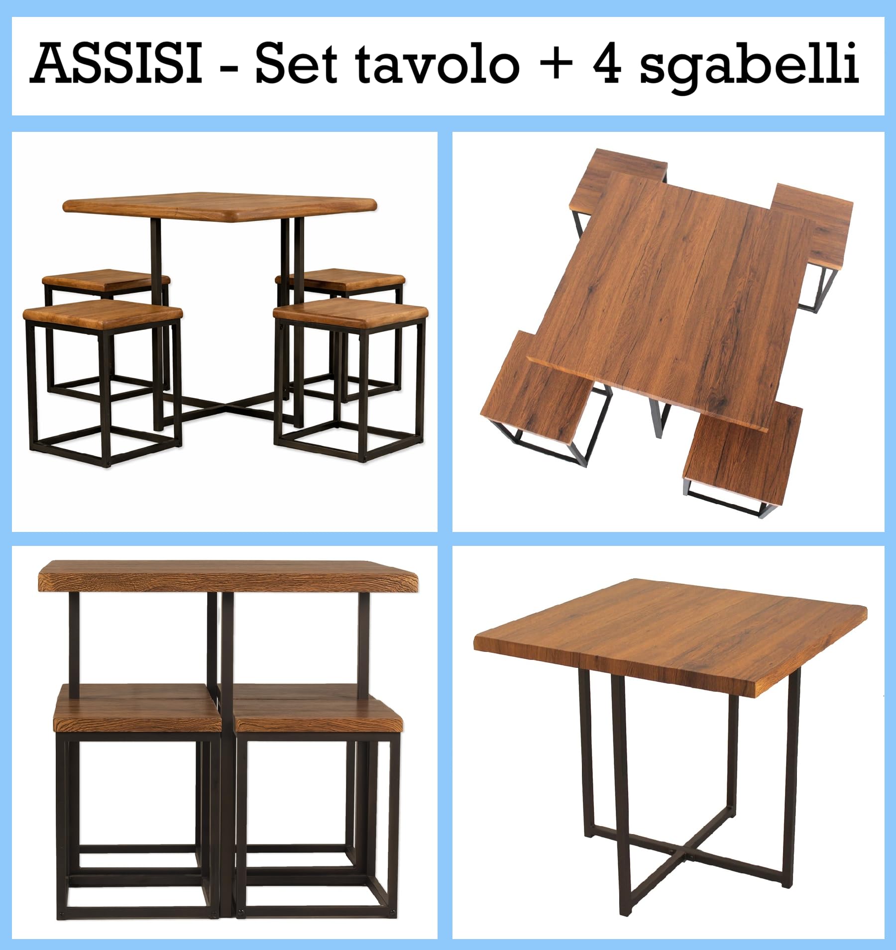 yelloo - Tavolo Bar con Sgabelli Salvaspazio, Angolo Bar per Casa, Tavolino Bar uso Interno, Ideale per Birreria, Pizzeria, Perfetto per Arredare Casa con Stile (Assisi - Tavolo + 4 Sgabelli)