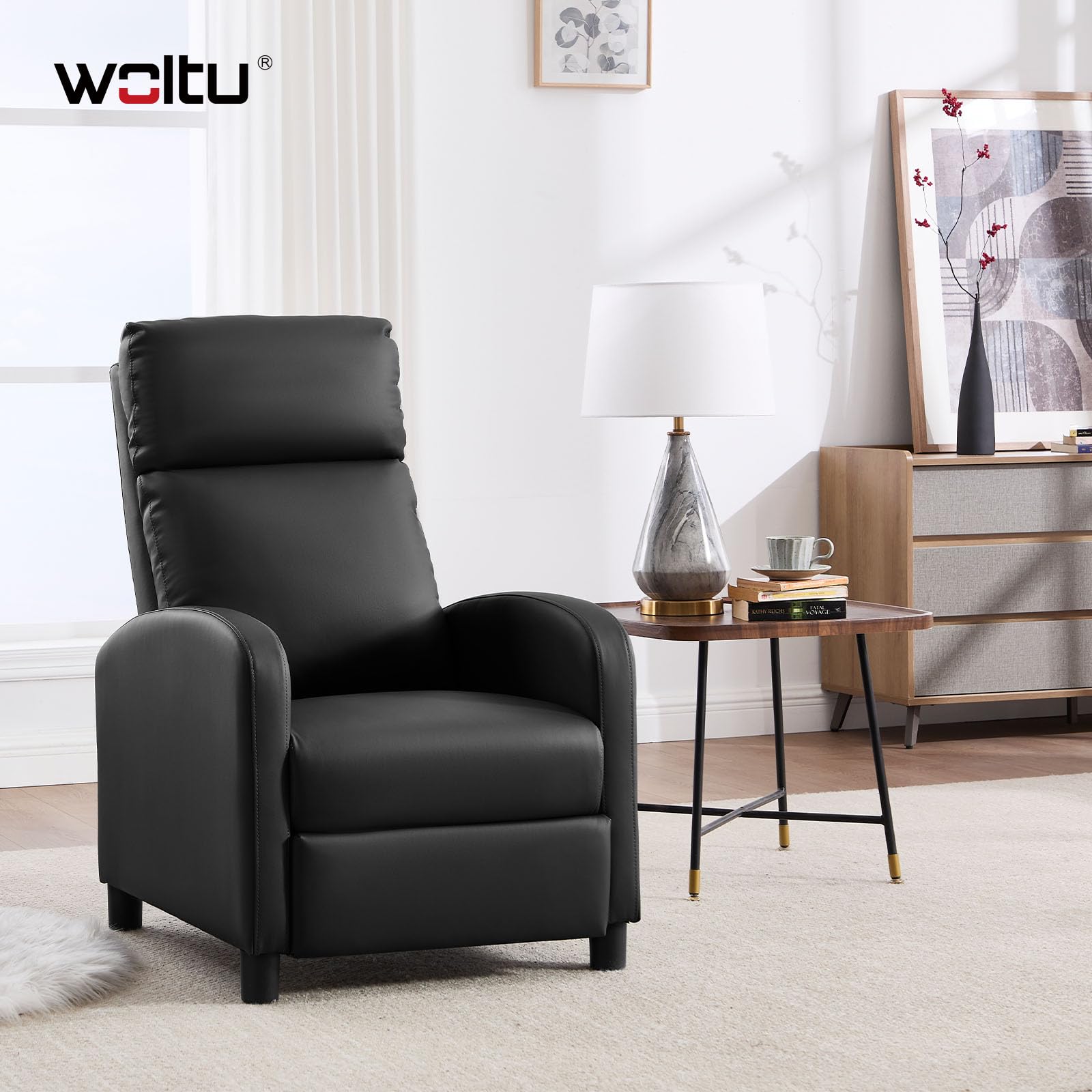 WOLTU Sillón Reclinable, Respaldo Reposapiés Elevable, PU, Negro | Sillon Relax Inclinable, Butaca Reclinable, Asiento Acolchado, Sofá Individual de Lectura, Salón y Dormitorio