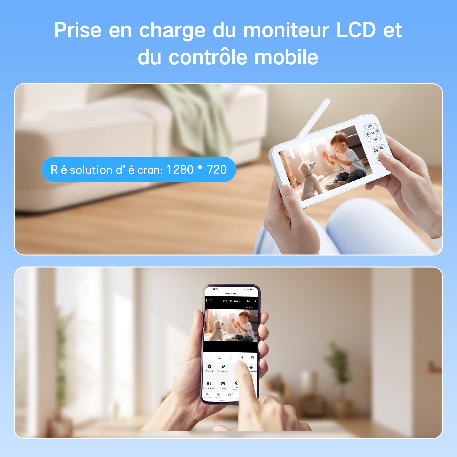 XPJ 2K 5" - Cámara de bebé con aplicación de teléfono, rotación de 360° luces de noche coloridas, zoom 4X, monitoreo de movimiento, seguimiento automático, zona de alarma personalizada