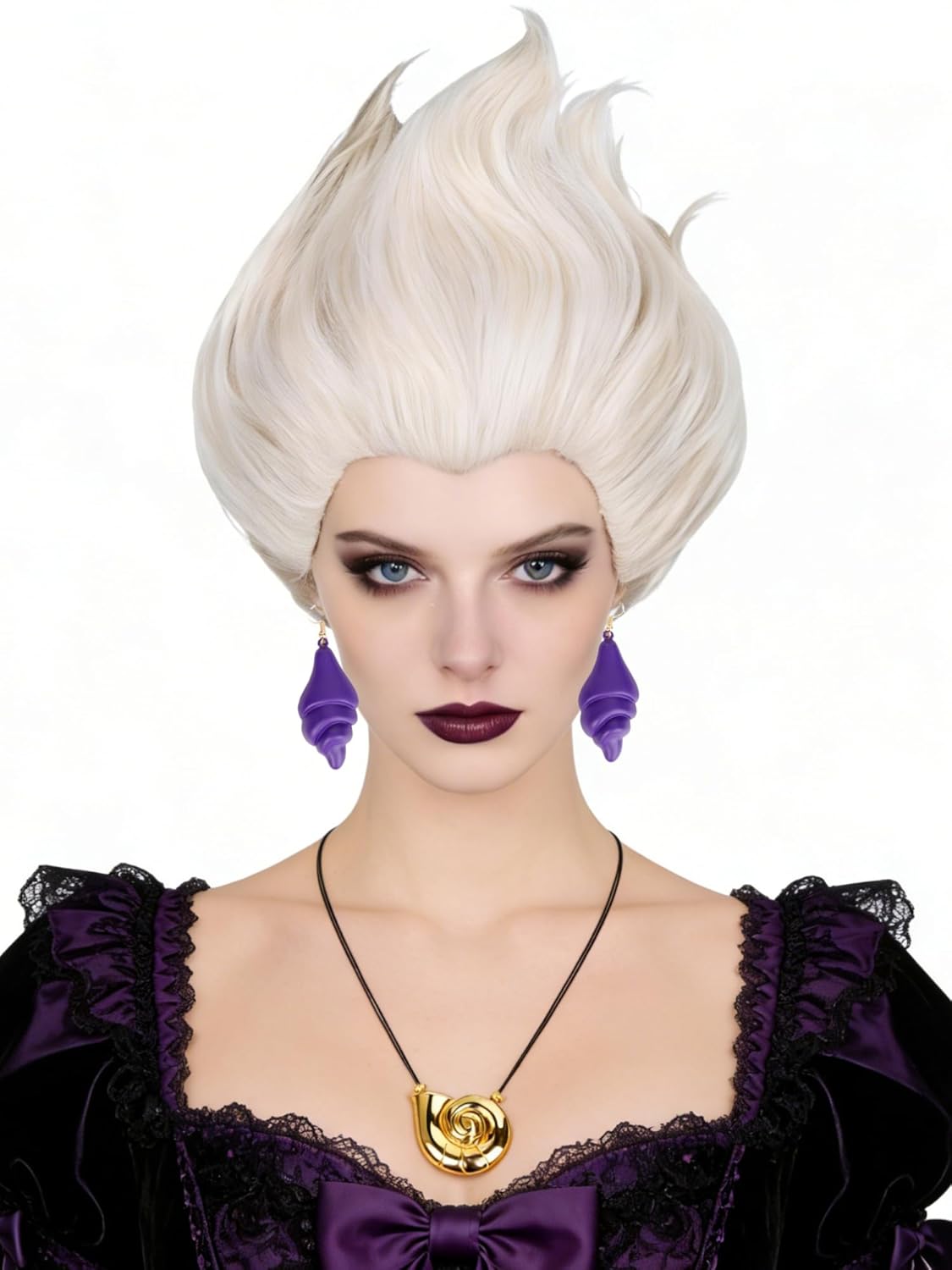 Half and Half Silver White Sea-Witch Wig + Necklace + Earrings Short Curly Gray Blonde Costume Wigs Set for Halloween Women Party