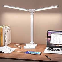 LED Desk Lamp, Double Arm Desk Lamp with 5 Colours and 10 Brightness Levels, Desk Lamp with 45 Minute Timer-Off, Touch Control LED Table Lamp for Study (White)