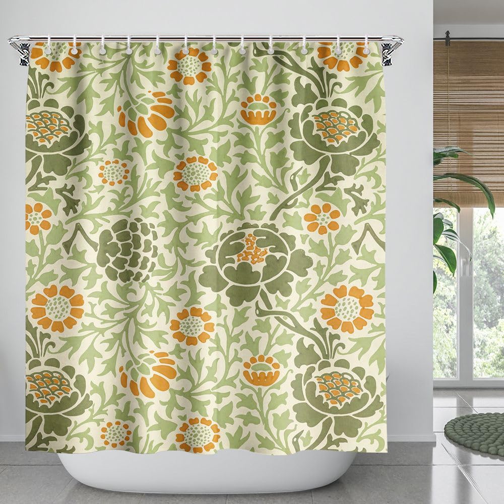 Fchen art Boho Leaf Floral Shower Curtain, William Morris Botanical Shower Curtain Boho Woodland Bathroom Decor, Quick-Dry Fabric Shower Curtain 72x72 Inch With 12 Hooks